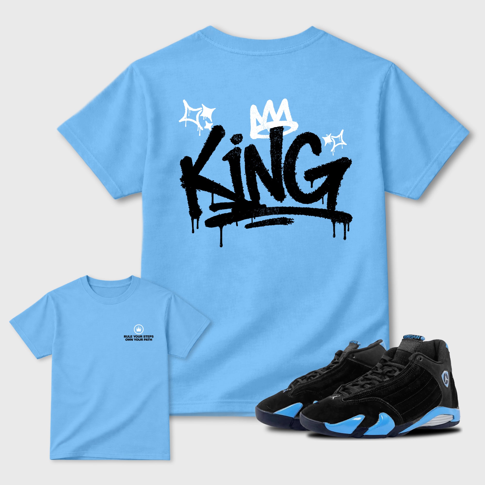 King Graffiti sneaker match t-shirt styled to complete your fit with the sneakers, front and Back Graphic Tee, shown in Carolina Blue.