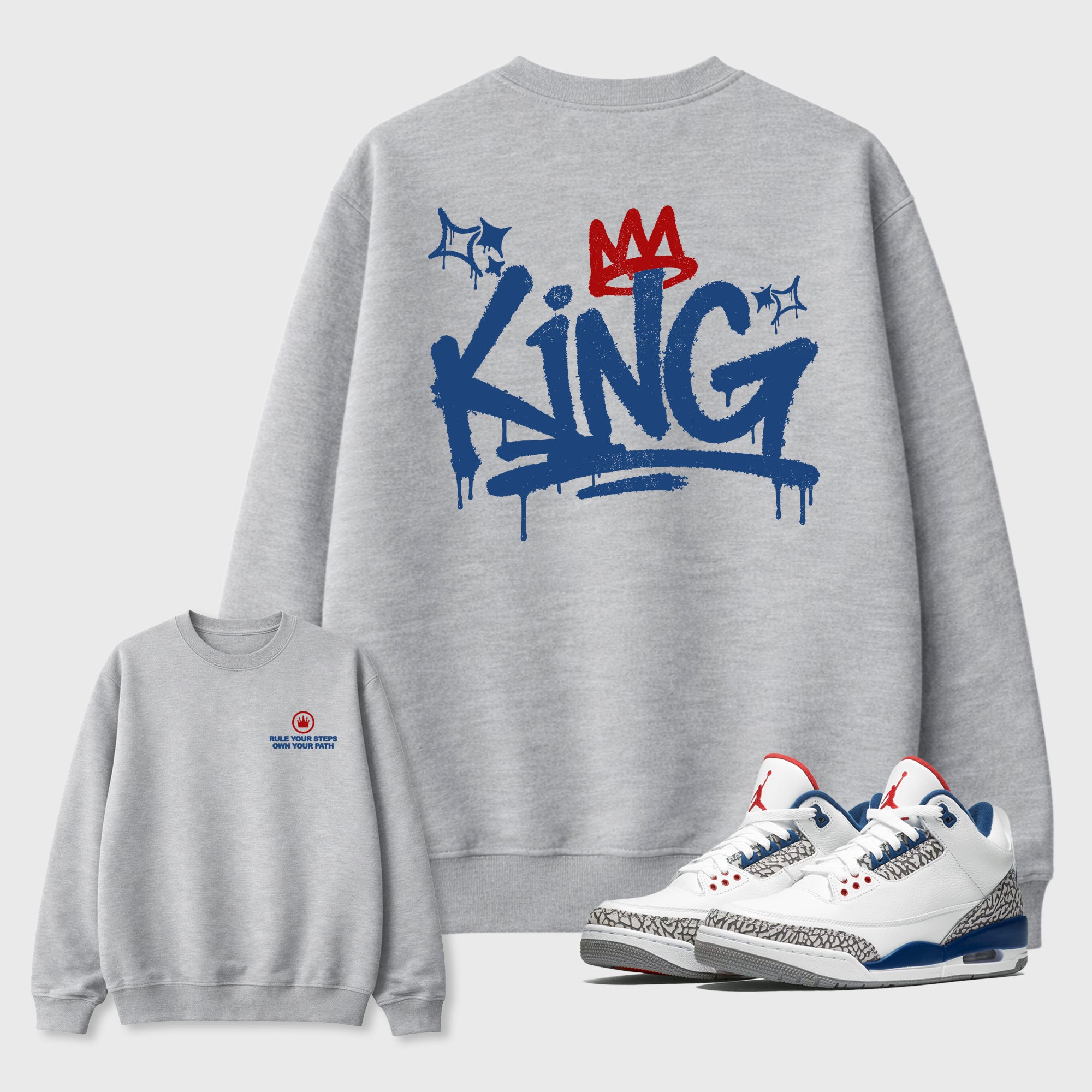 King Graffiti Graphic T-Shirt featuring original streetwear artwork designed to match the Air Jordan 3 True Blue. Heather Grey Graphic Tee.