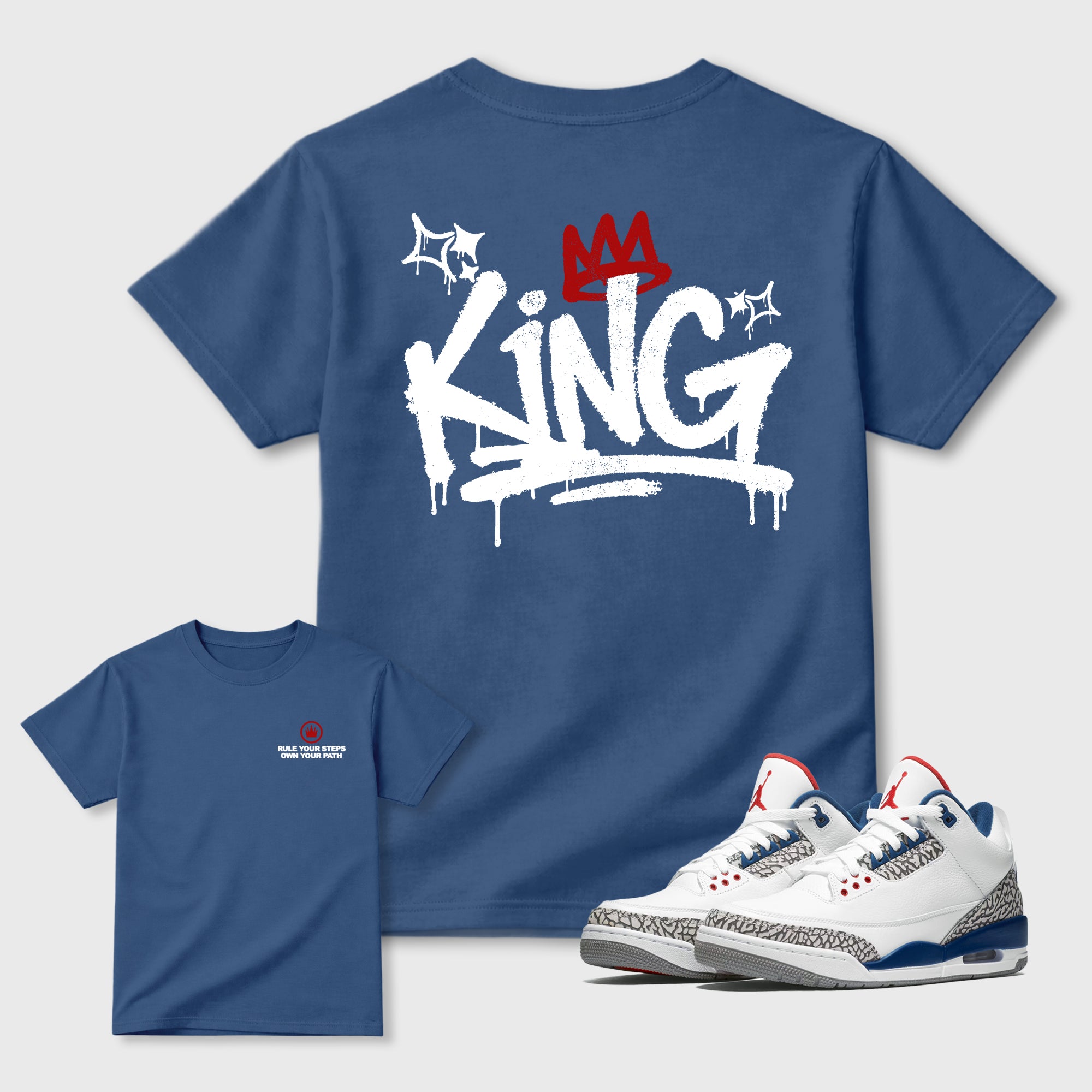 King Graffiti Graphic T-Shirt featuring original streetwear artwork designed to match the . Denim Blue Graphic T-Shirt.