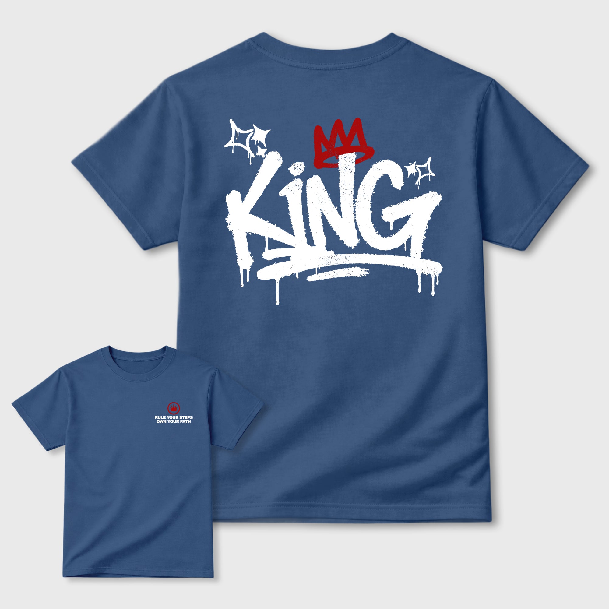 King Graffiti Graphic T-Shirt featuring original streetwear artwork designed to match the . Denim Blue Graphic T-Shirt.