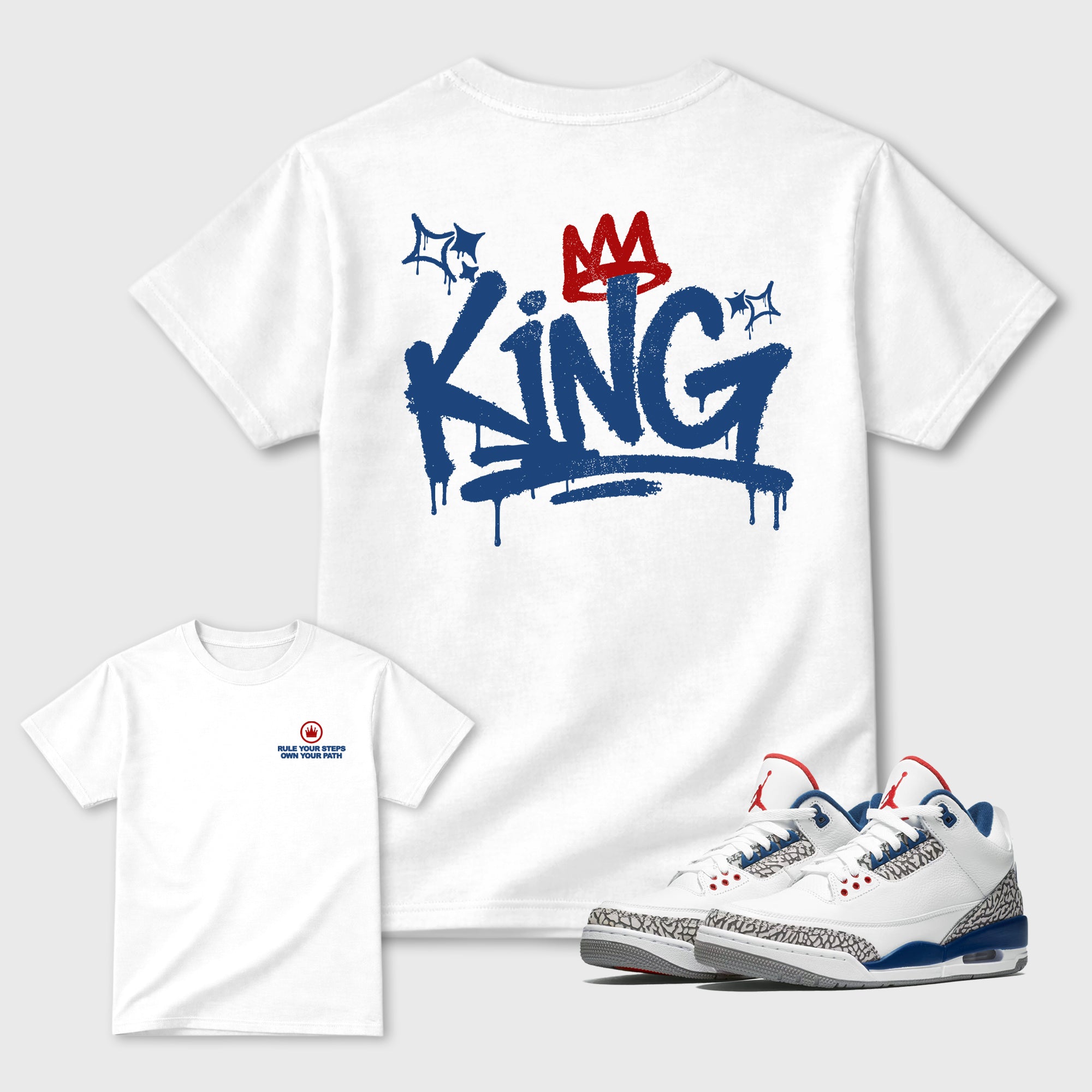 King Graffiti Graphic T-Shirt featuring original streetwear artwork designed to match the Air Jordan 3 True Blue. White Graphic T-Shirt.