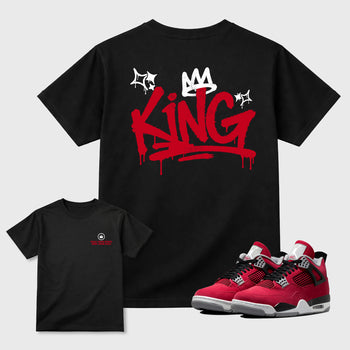 King Graffiti Graphic T-Shirt sneaker match tee designed for the Jordan 12 Bloodline, featuring coordinated color options for a perfect streetwear match. Black shirt.
