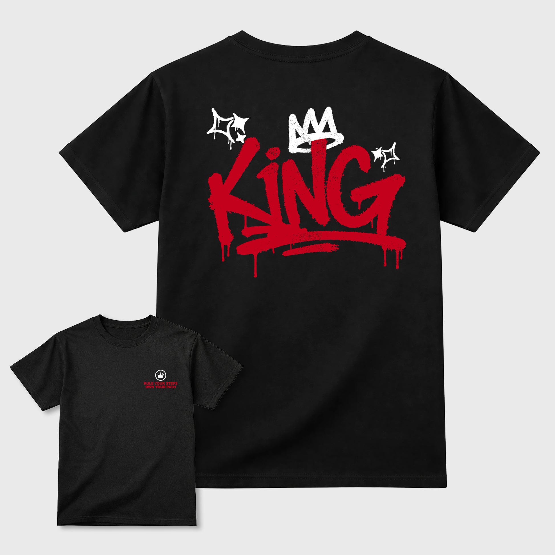 King Graffiti Graphic T-Shirt sneaker match tee designed for the Jordan 12 Bloodline, featuring coordinated color options for a perfect streetwear match. Black shirt.