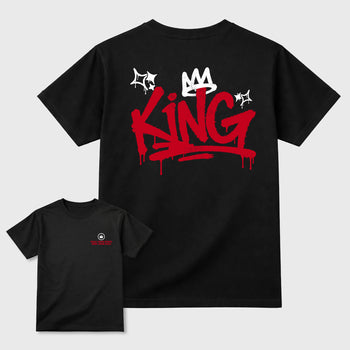 King Graffiti Graphic T-Shirt sneaker match tee designed for the Jordan 12 Bloodline, featuring coordinated color options for a perfect streetwear match. Black shirt.