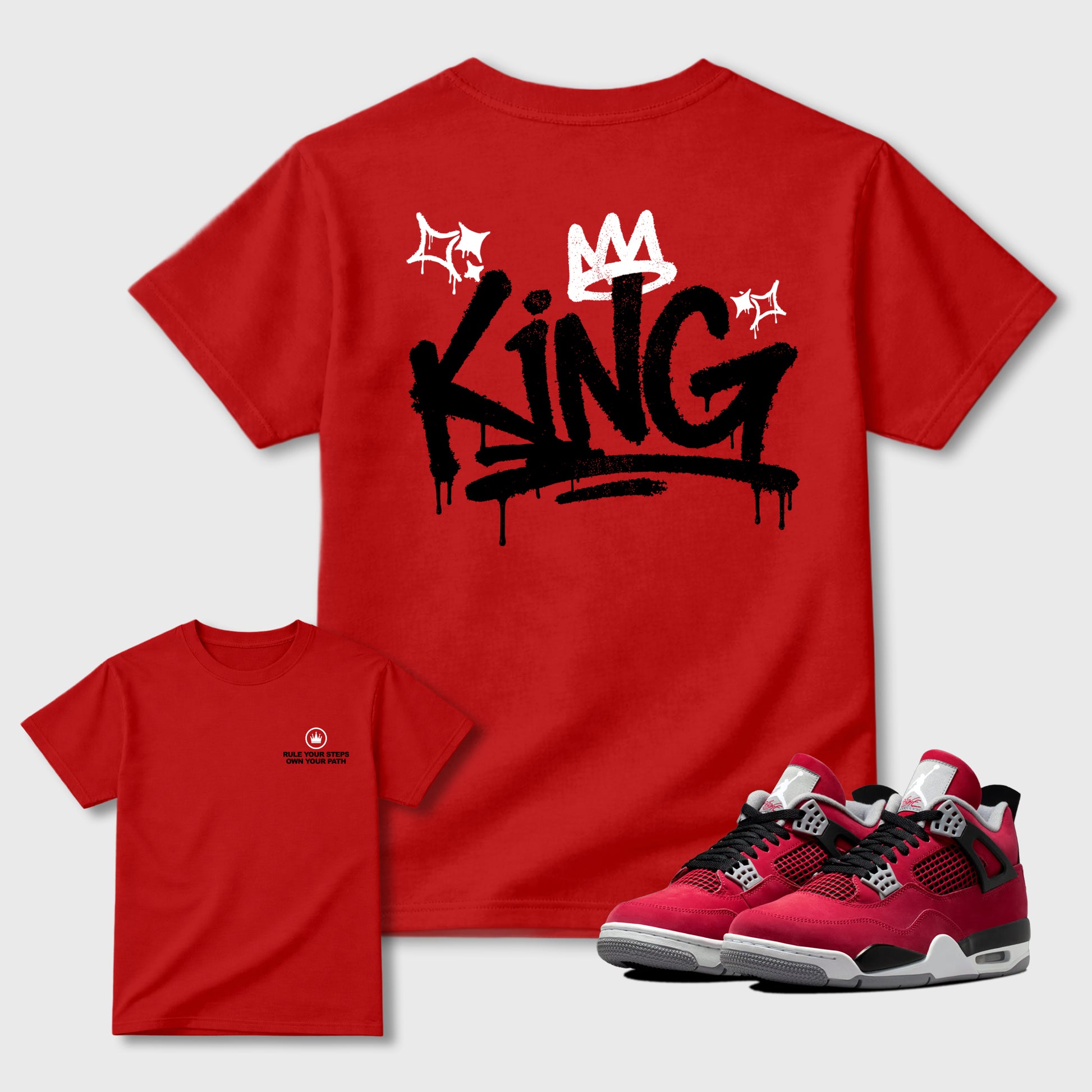 King Graffiti Graphic T-Shirt sneaker match tee designed for the Air Jordan 12 Bloodline sneakers, featuring coordinated color options for a perfect streetwear match. Red shirt.