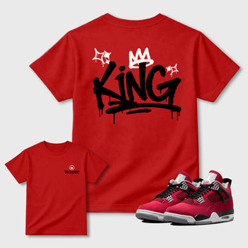 King Graffiti Graphic T-Shirt sneaker match tee designed for the Air Jordan 12 Bloodline sneakers, featuring coordinated color options for a perfect streetwear match. Red shirt.