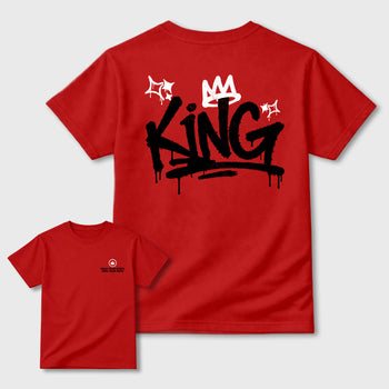 King Graffiti Graphic T-Shirt sneaker match tee designed for the Jordan 12 Bloodline, featuring coordinated color options for a perfect streetwear match. Red shirt.