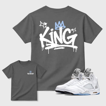 king graffiti sneaker match t-shirt styled to complete your sneaker outfitwith the AJ5 White Metallic, shown in Cool Grey.