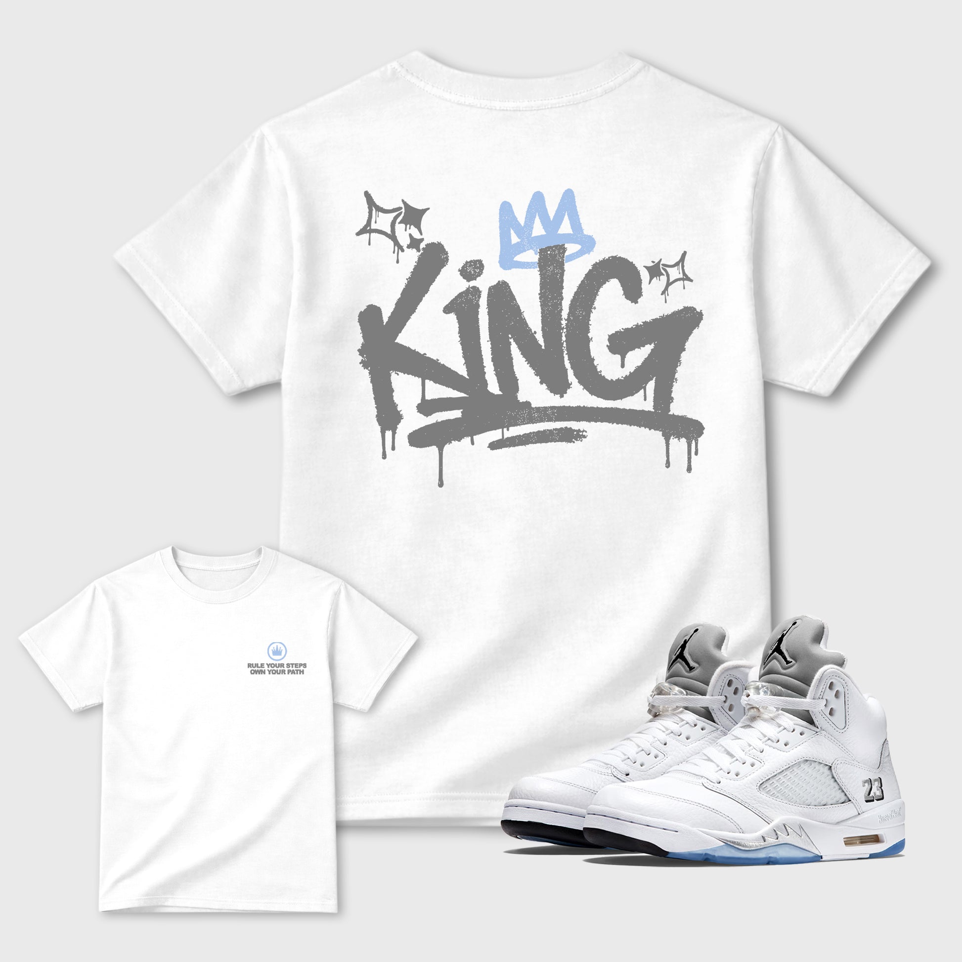 king graffiti sneaker match t-shirt styled to complete your sneaker outfitwith the Air Jordan 5 White Metallic sneakers, shown in White.