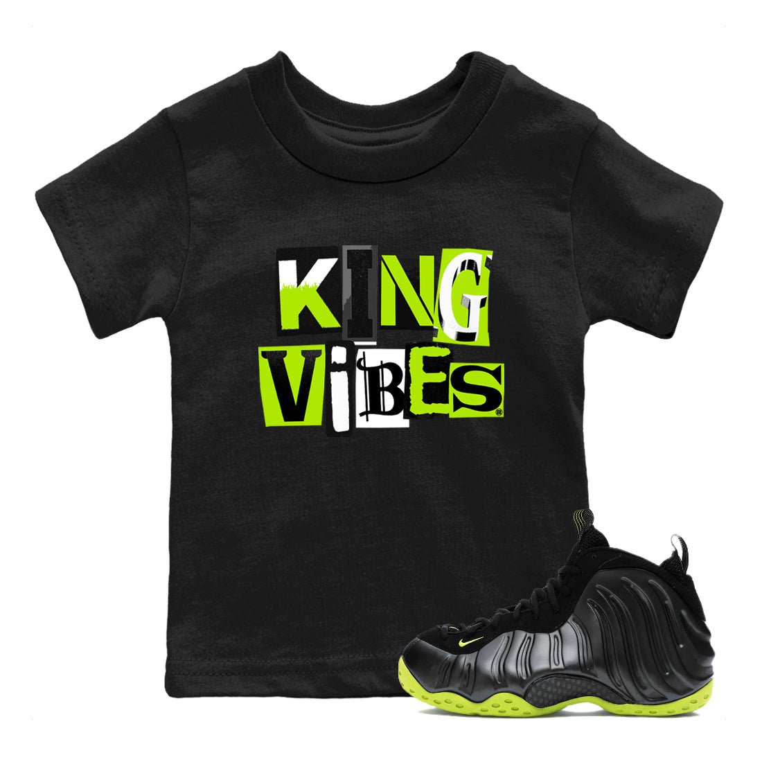 Foams One Black Volt best t shirts to wear with jordans King Vibes sneaker match tees Air Foamposite One Black Volt match shoes to clothes SNRT Sneaker Tees Youth Baby Black 1 tee