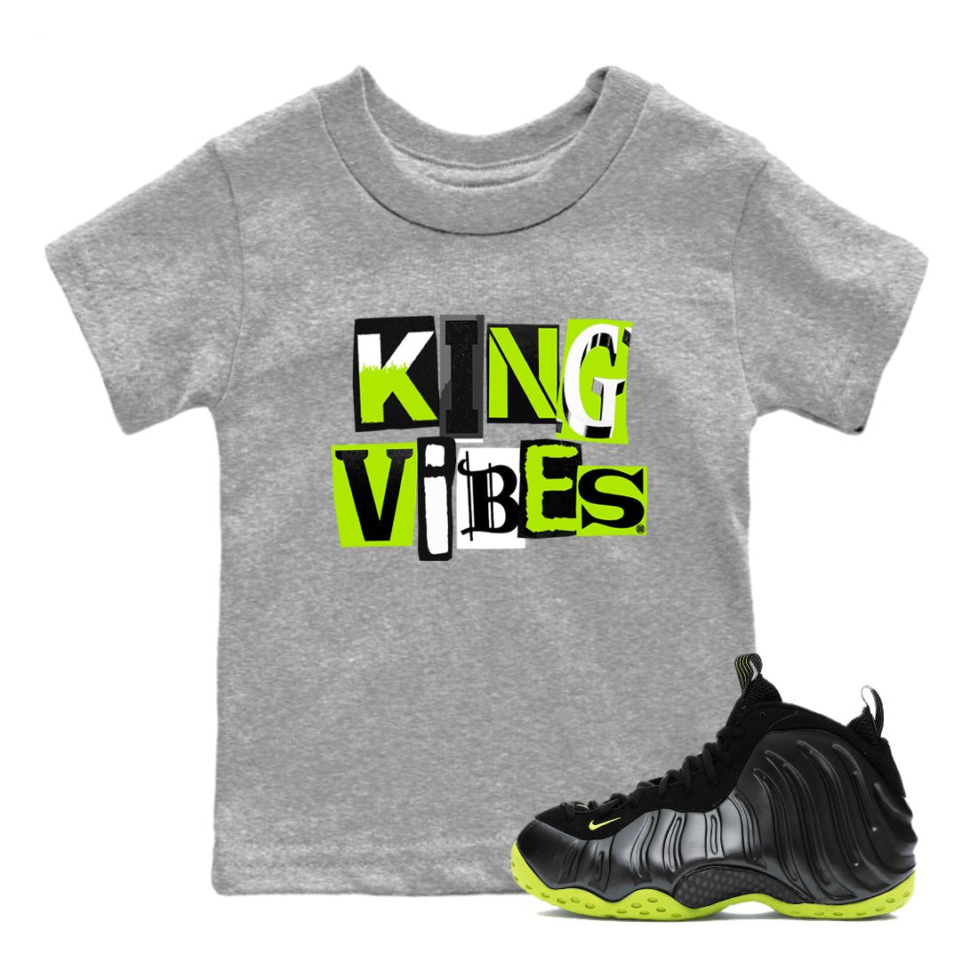 Foams One Black Volt best t shirts to wear with jordans King Vibes sneaker match tees Air Foamposite One Black Volt match shoes to clothes SNRT Sneaker Tees Youth Baby Heather Grey 1 tee