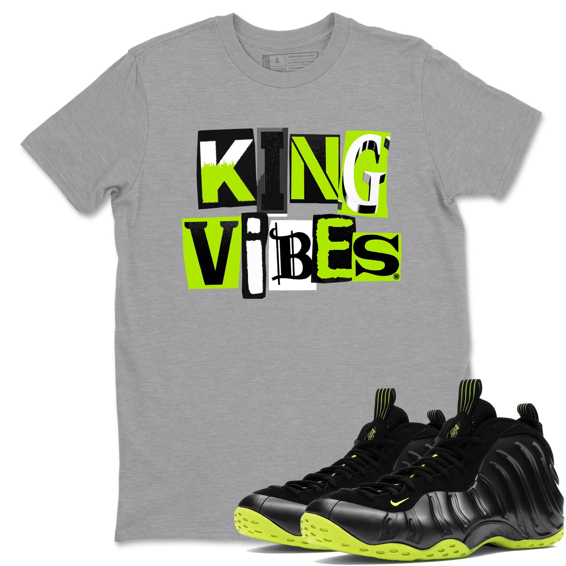 Foams One Black Volt best t shirts to wear with jordans King Vibes sneaker match tees Air Foamposite One Black Volt match shoes to clothes SNRT Sneaker Tees unisex cotton Heather Grey 1 shirts