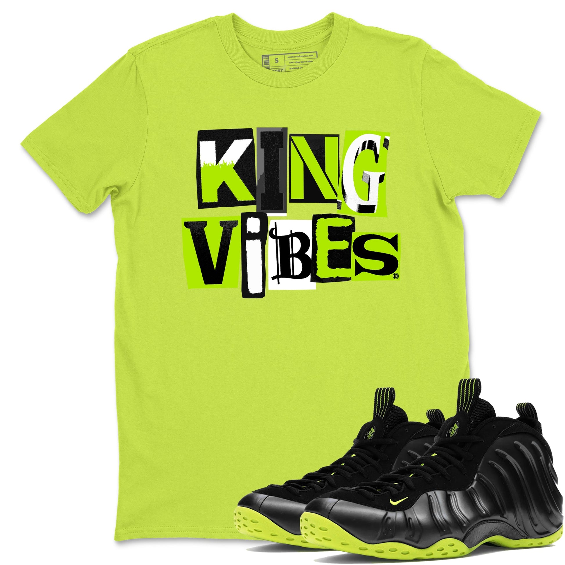 Foams One Black Volt best t shirts to wear with jordans King Vibes sneaker match tees Air Foamposite One Black Volt match shoes to clothes SNRT Sneaker Tees unisex cotton Safety Green 1 shirts