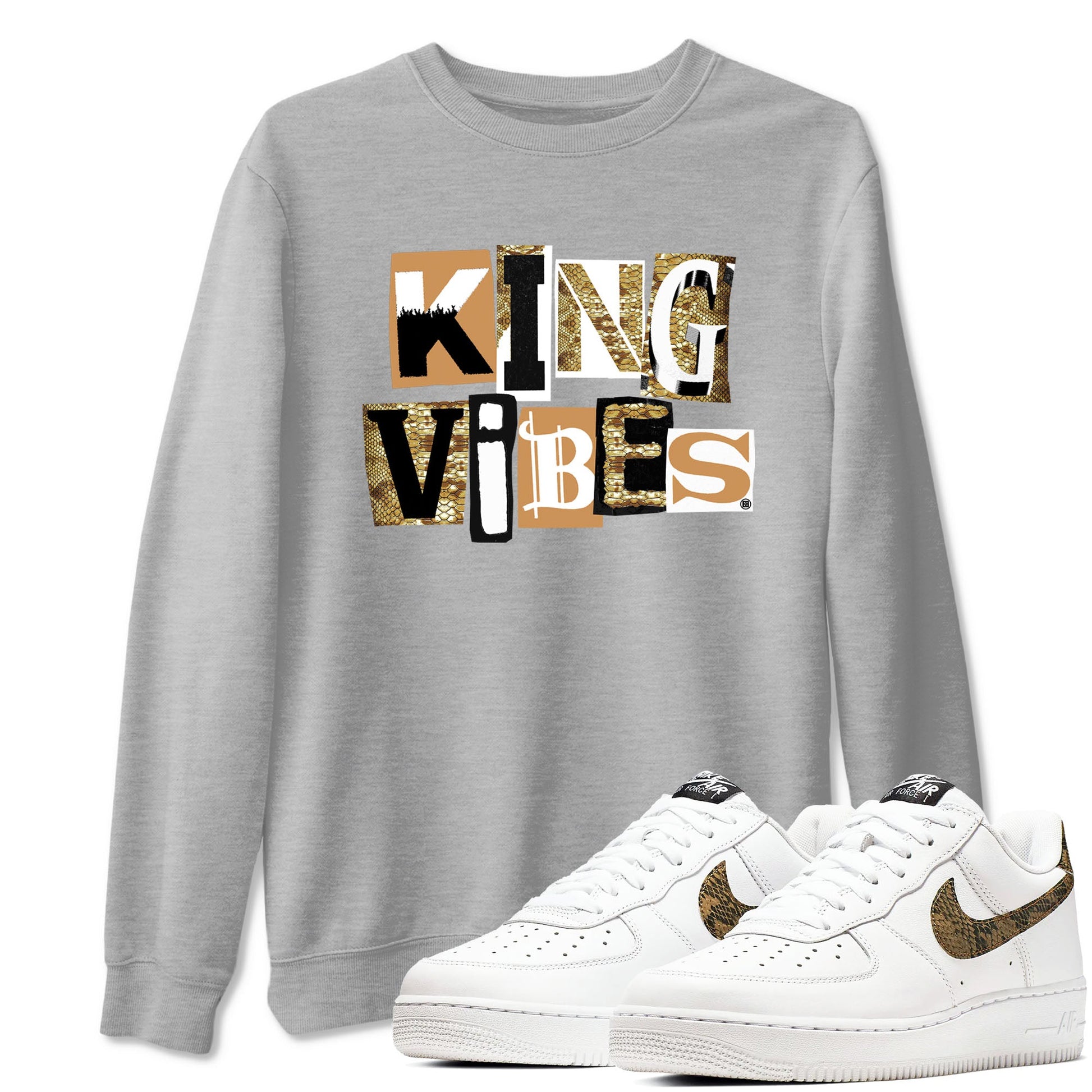 Air Force 1 Ivory Snake shirt to match jordans King Vibes sneaker tees Air Force 1 Ivory Snake SNRT Sneaker Release Tees unisex cotton Heather Grey 1 crew neck shirt