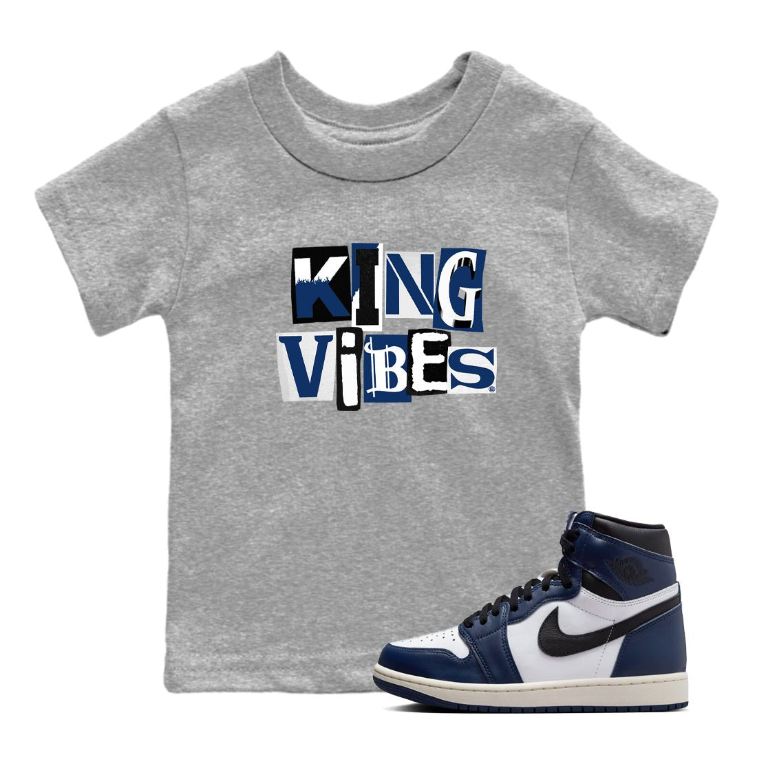 1s Midnight Navy shirts to match jordans King Vibes sneaker match tees Air Jordan 1 Midnight Navy match shoes to clothes SNRT Sneaker Tees Youth Baby Heather Grey 1 tee
