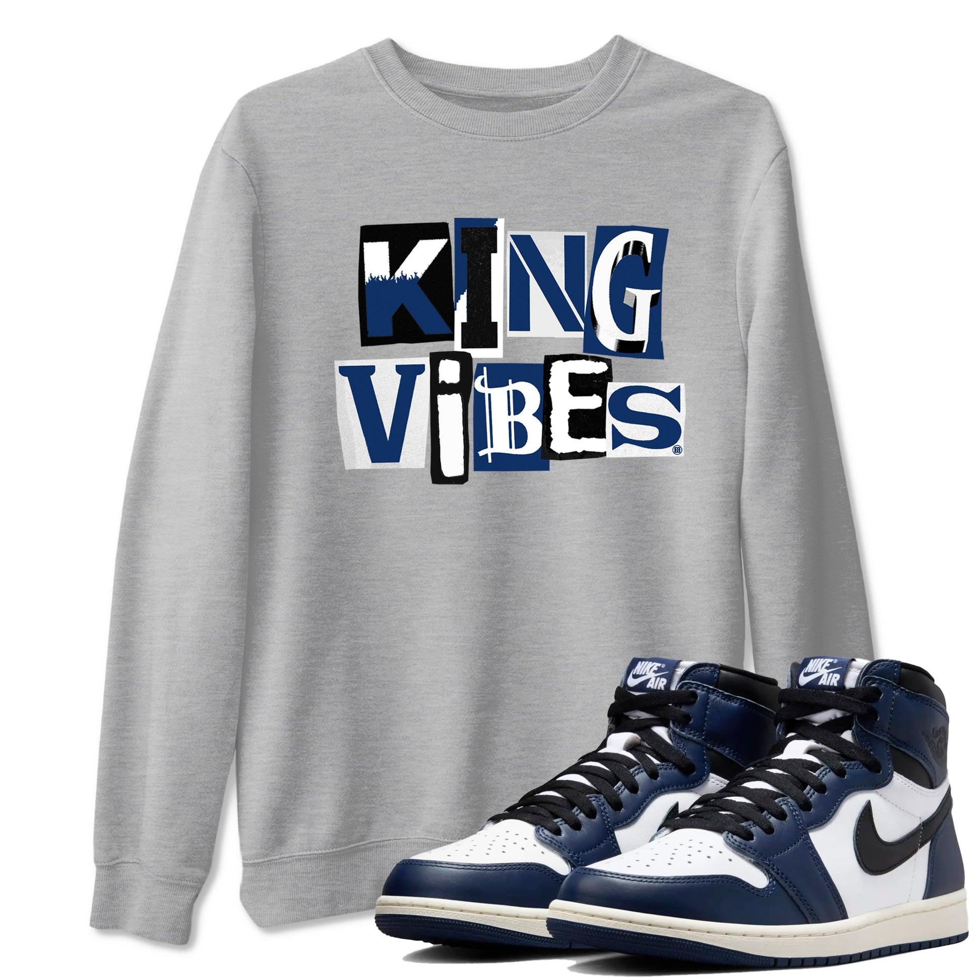 1s Midnight Navy shirts to match jordans King Vibes sneaker match tees Air Jordan 1 Midnight Navy match shoes to clothes SNRT Sneaker Tees unisex cotton Heather Grey 1 shirts