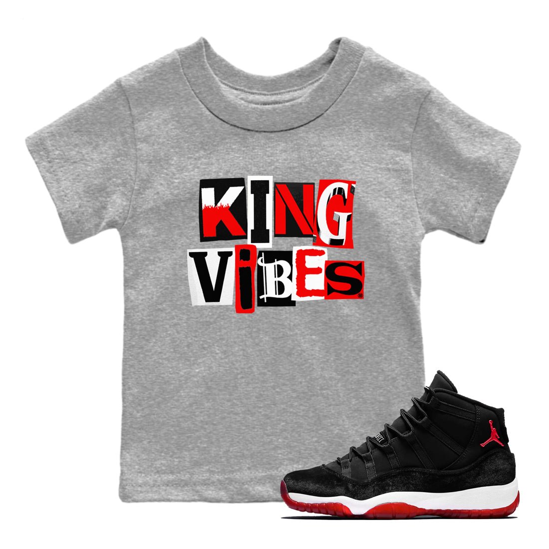 11s Bred Velvet shirts to match jordans King Vibes sneaker match tees Air Jordan 11 Retro Bred Velvet match shoes to clothes SNRT Sneaker Tees Youth Baby Heather Grey 1 tee