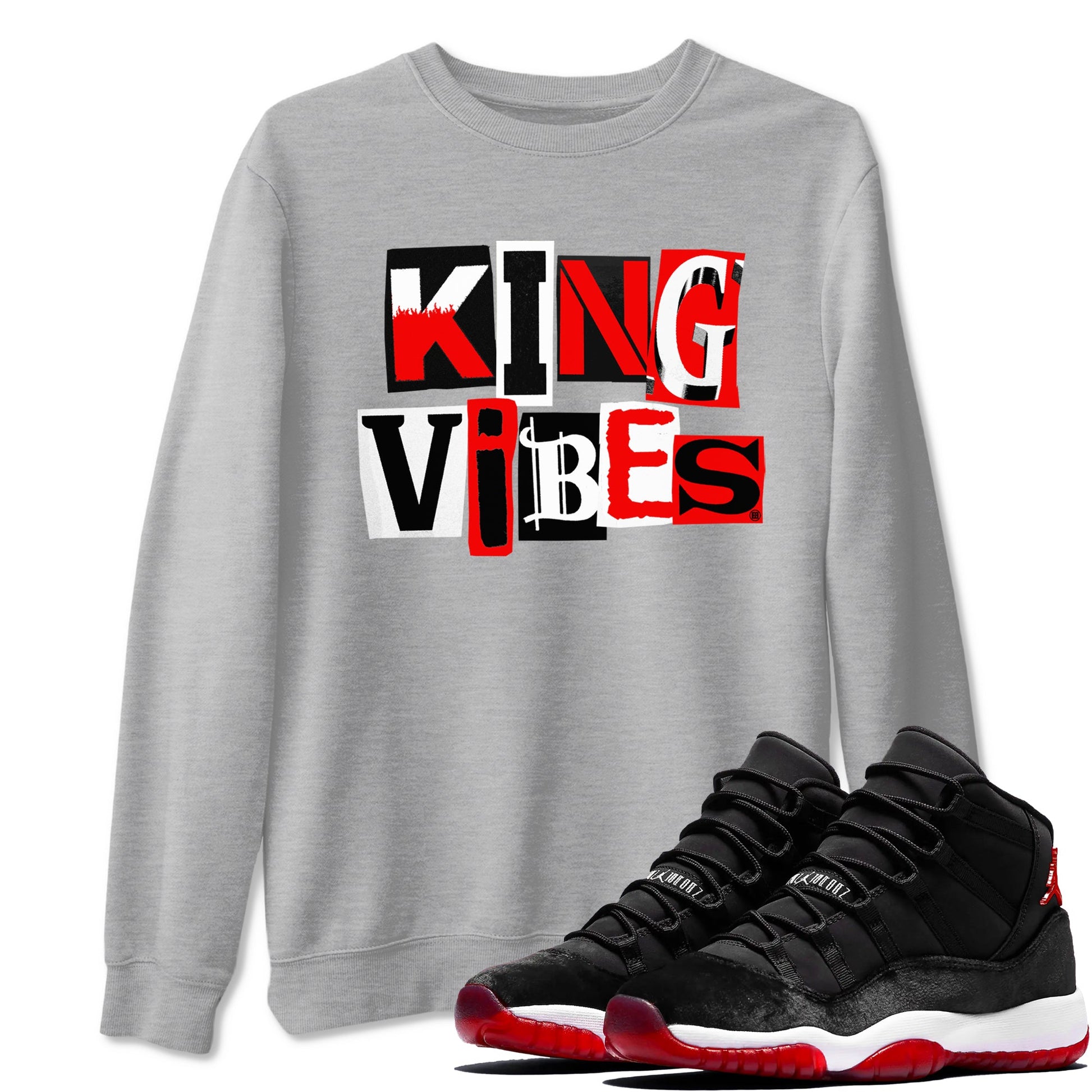 11s Bred Velvet shirts to match jordans King Vibes sneaker match tees Air Jordan 11 Retro Bred Velvet match shoes to clothes SNRT Sneaker Tees unisex cotton Heather Grey 1 shirts