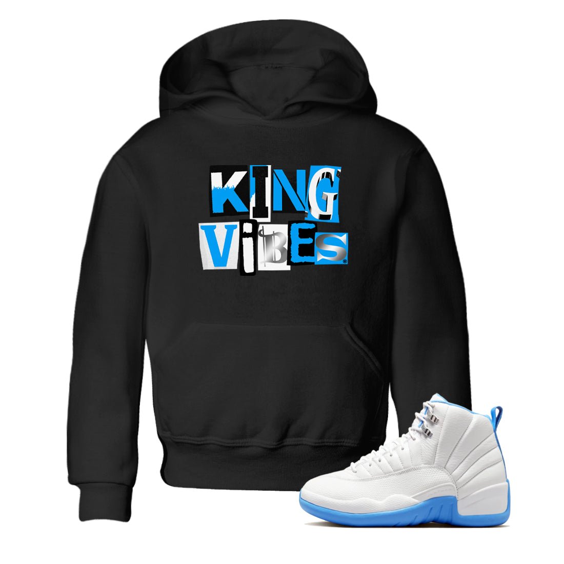 King Vibes baby and kids t-shirt crafted for little sneakerheads to shine with the Air Jordan 12 White and University Blue sneakers, displayed in Black 1.