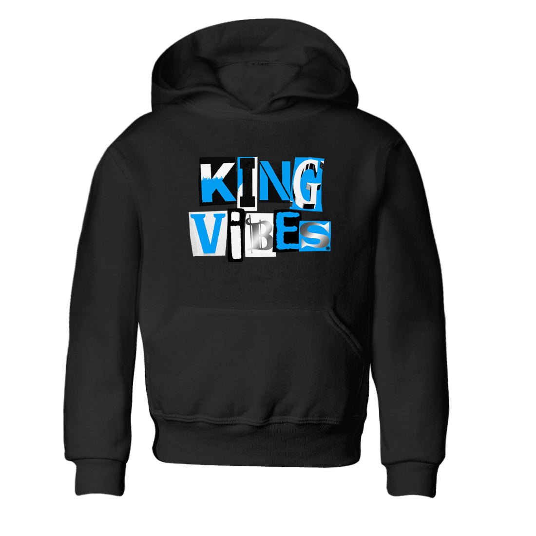 King Vibes baby and kids t-shirt crafted for little sneakerheads to shine with the Air Jordan 12 White and University Blue sneakers, displayed in Black 2.