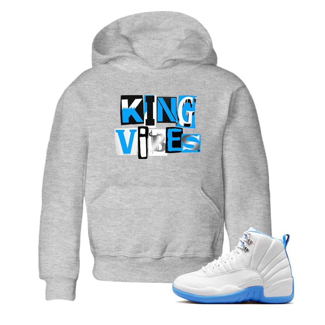 King Vibes baby and kids t-shirt crafted for little sneakerheads to shine with the Air Jordan 12 White and University Blue sneakers, displayed in Heather Grey 1.