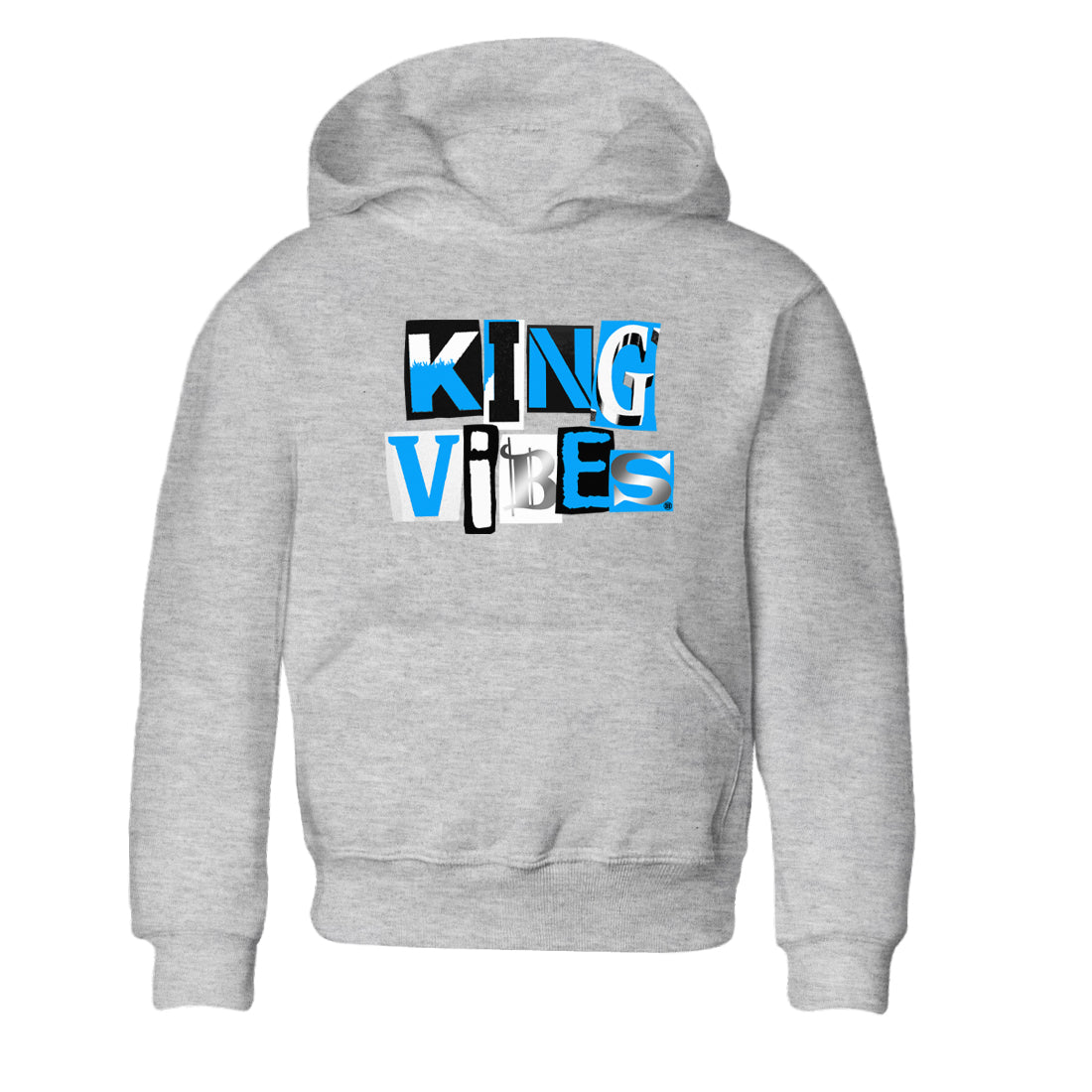 King Vibes baby and kids t-shirt crafted for little sneakerheads to shine with the Air Jordan 12 White and University Blue sneakers, displayed in Heather Grey 2.