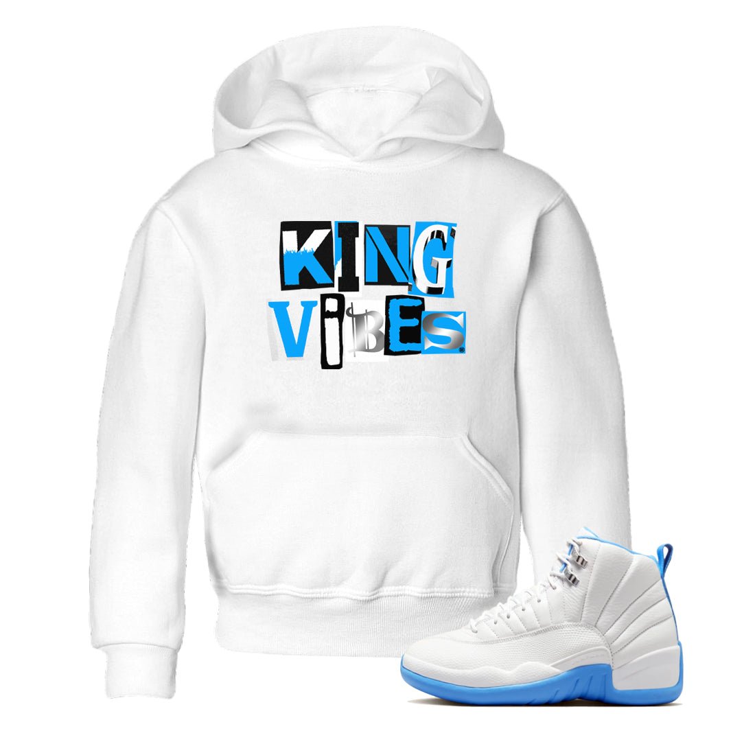 King Vibes baby and kids t-shirt crafted for little sneakerheads to shine with the Air Jordan 12 White and University Blue sneakers, displayed in White 1.