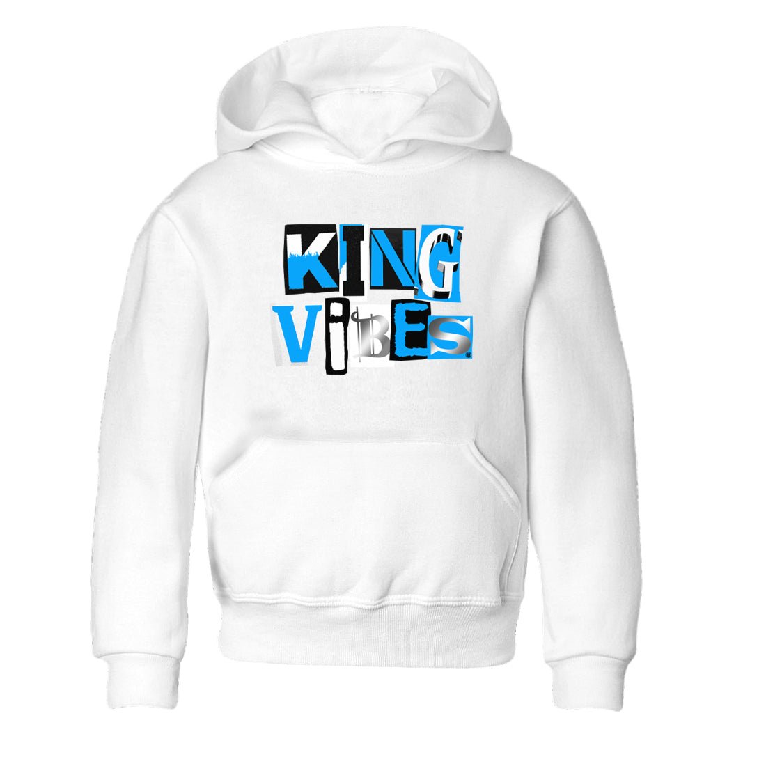 King Vibes baby and kids t-shirt crafted for little sneakerheads to shine with the Air Jordan 12 White and University Blue sneakers, displayed in White 2.