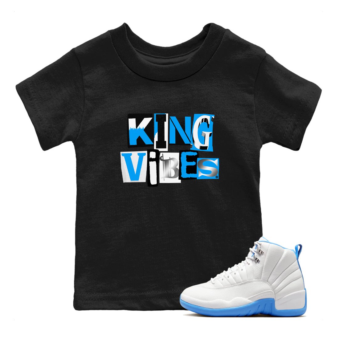 King Vibes baby and kids t-shirt crafted for little sneakerheads to shine with the Air Jordan 12 White and University Blue sneakers, displayed in Black 1.