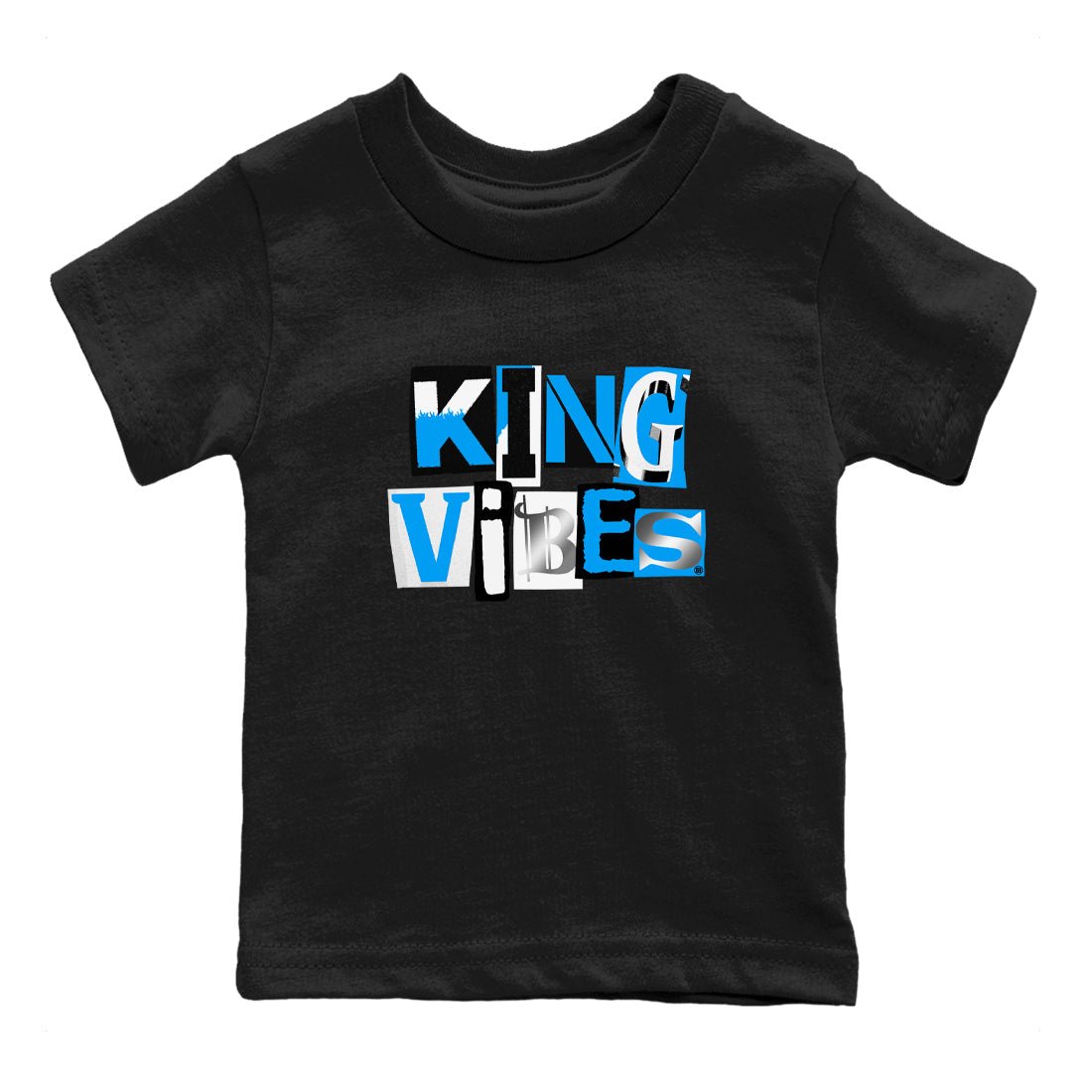 King Vibes baby and kids t-shirt crafted for little sneakerheads to shine with the Air Jordan 12 White and University Blue sneakers, displayed in Black 2.