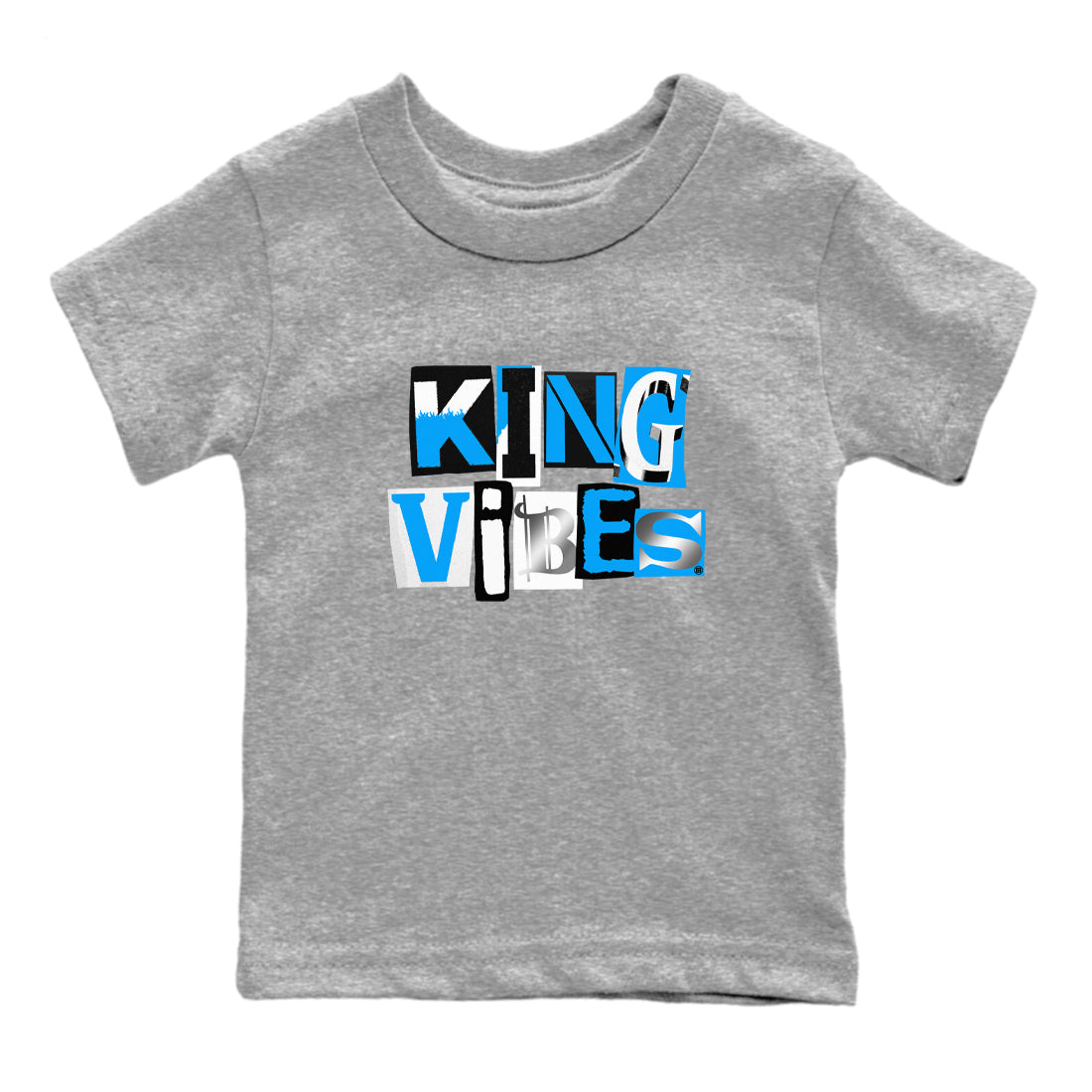 King Vibes baby and kids t-shirt crafted for little sneakerheads to shine with the Air Jordan 12 White and University Blue sneakers, displayed in Heather Grey 2.