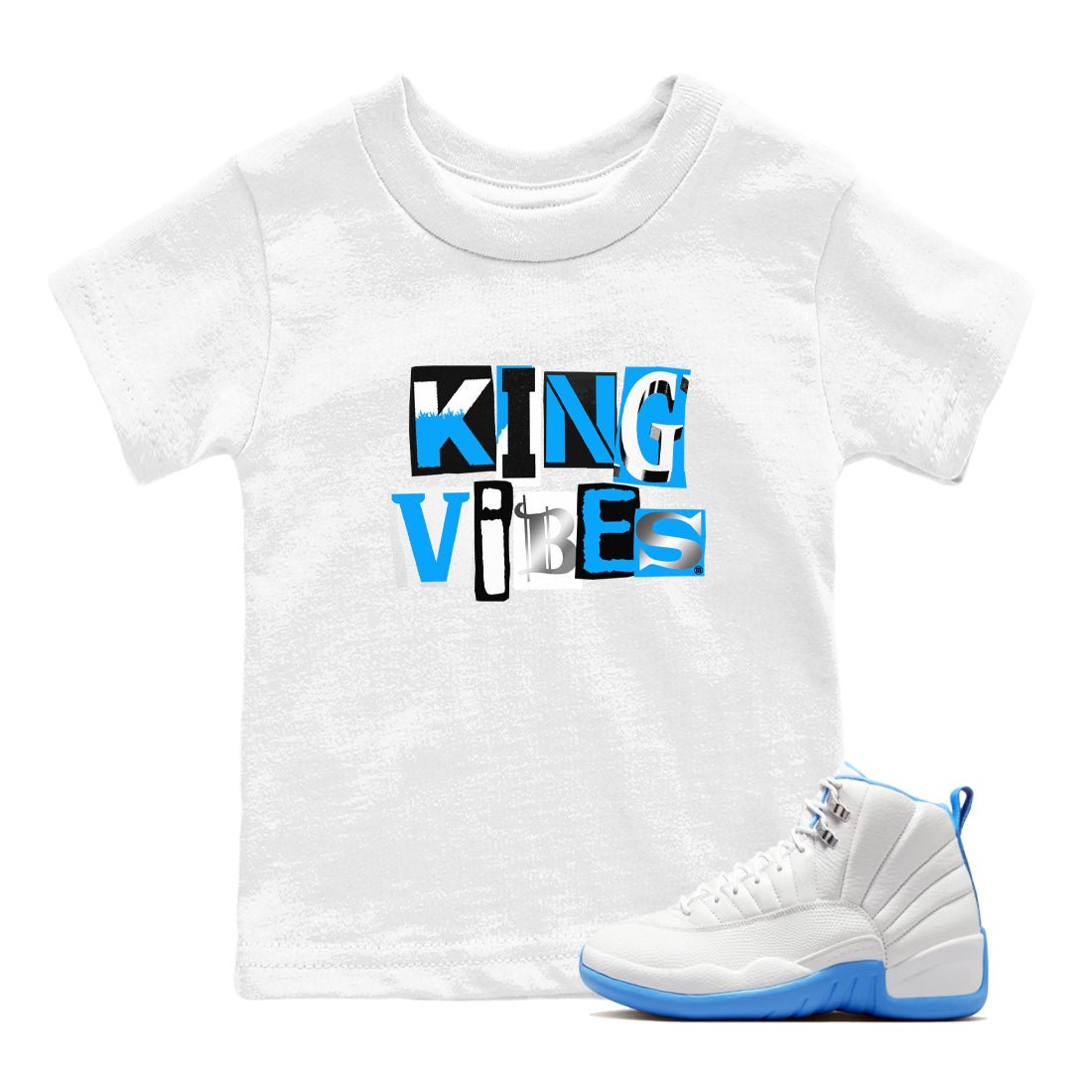 King Vibes baby and kids t-shirt crafted for little sneakerheads to shine with the Air Jordan 12 White and University Blue sneakers, displayed in White 1.