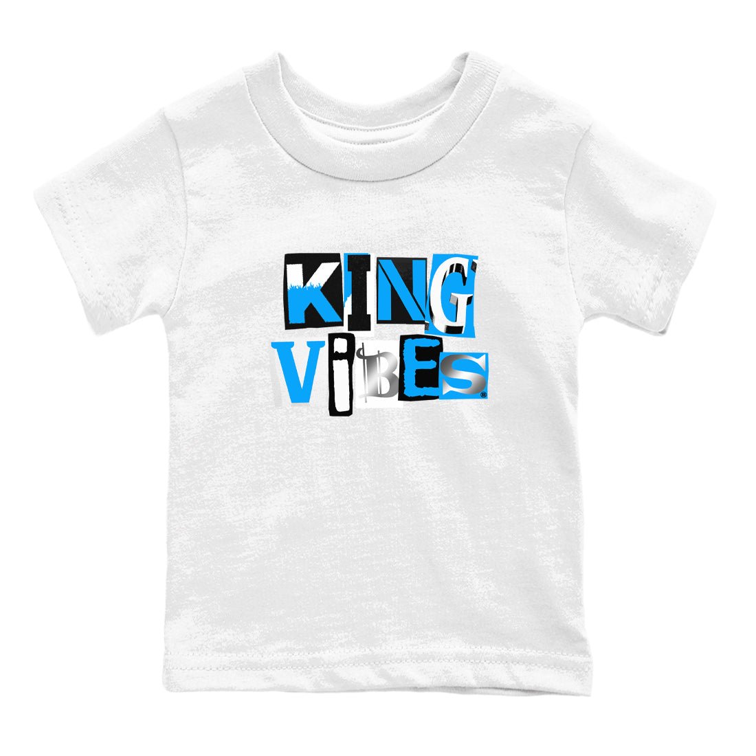 King Vibes baby and kids t-shirt crafted for little sneakerheads to shine with the Air Jordan 12 White and University Blue sneakers, displayed in White 2.