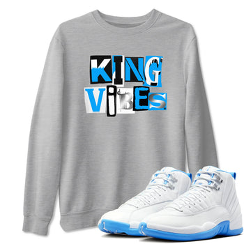 King Vibes sneaker match t-shirt styled to complete your fit with the Air Jordan 12 White and University Blue sneakers, shown in Heather Grey 1.