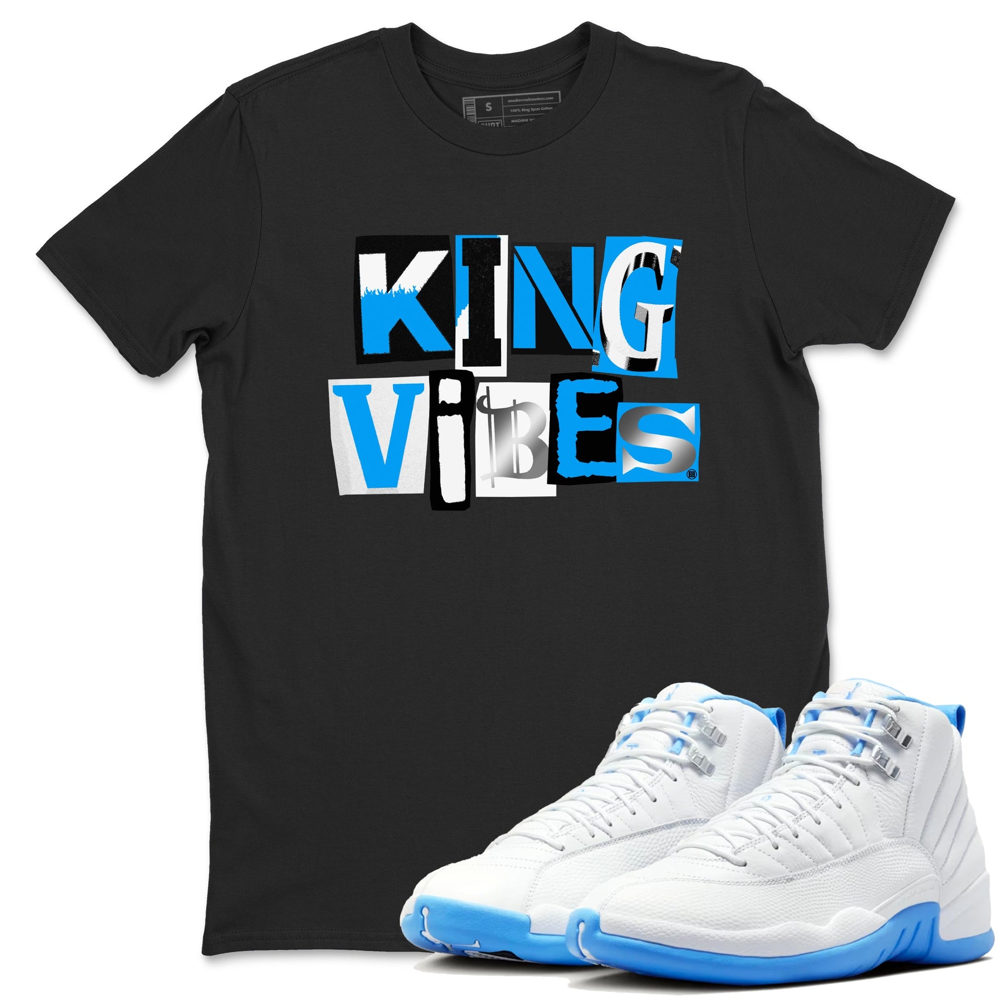 King Vibes sneaker match t-shirt styled to complete your fit with the Air Jordan 12 White and University Blue sneakers, shown in Black 1.