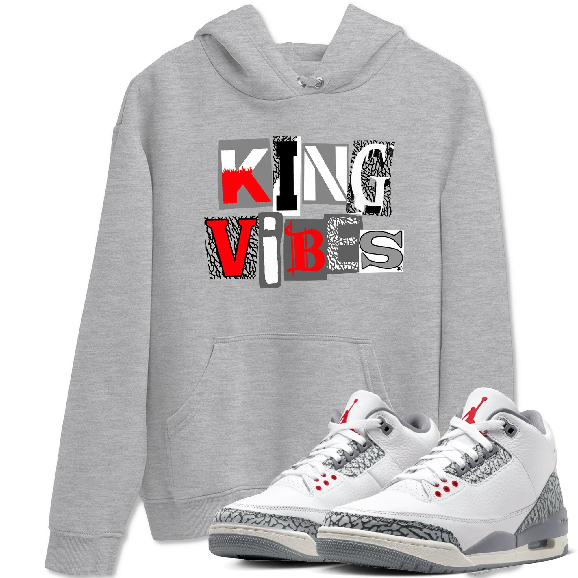 3s Cement Grey shirts to match jordans King Vibes sneaker match tees Air Jordan 3 Cement Grey SNRT Sneaker Tees streetwear brand Heather Grey 1 unisex cotton tee