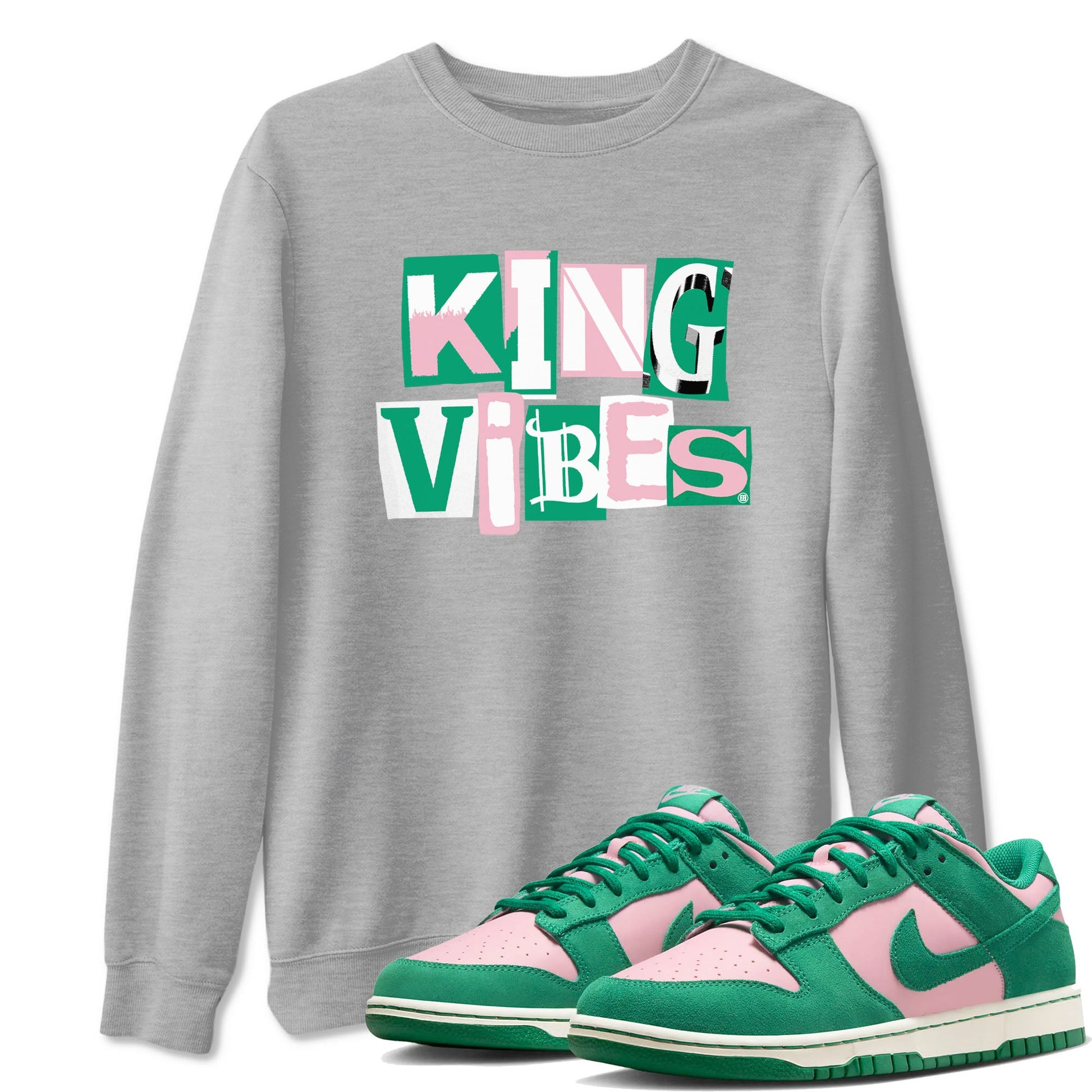 Dunk Low Medium Soft Pink Malachite shirt to match jordans King Vibes sneaker tees Dunks Medium Soft Pink Malachite Streetwear Brand SNRT Sneaker Release Tees unisex cotton Heather Grey 1 crew neck shirt