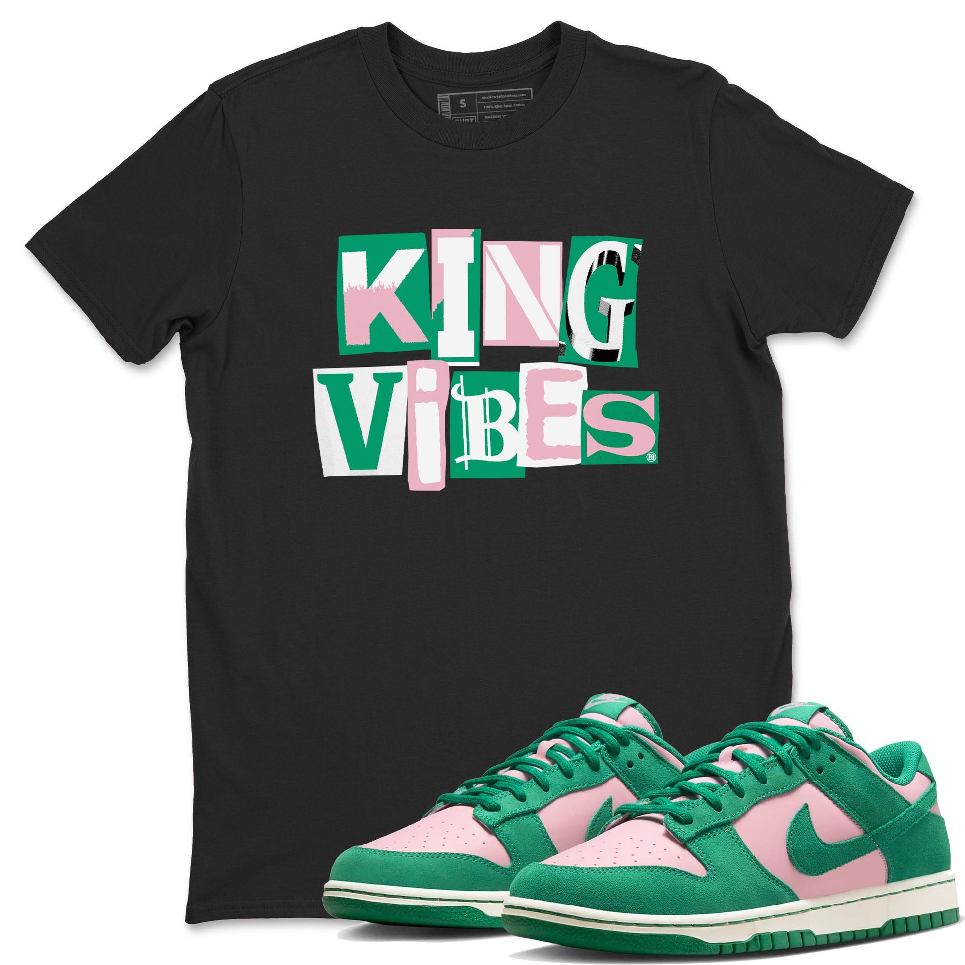 Dunk Low Medium Soft Pink Malachite shirt to match jordans King Vibes sneaker tees Dunks Medium Soft Pink Malachite Streetwear Brand SNRT Sneaker Release Tees unisex cotton Black 1 crew neck shirt