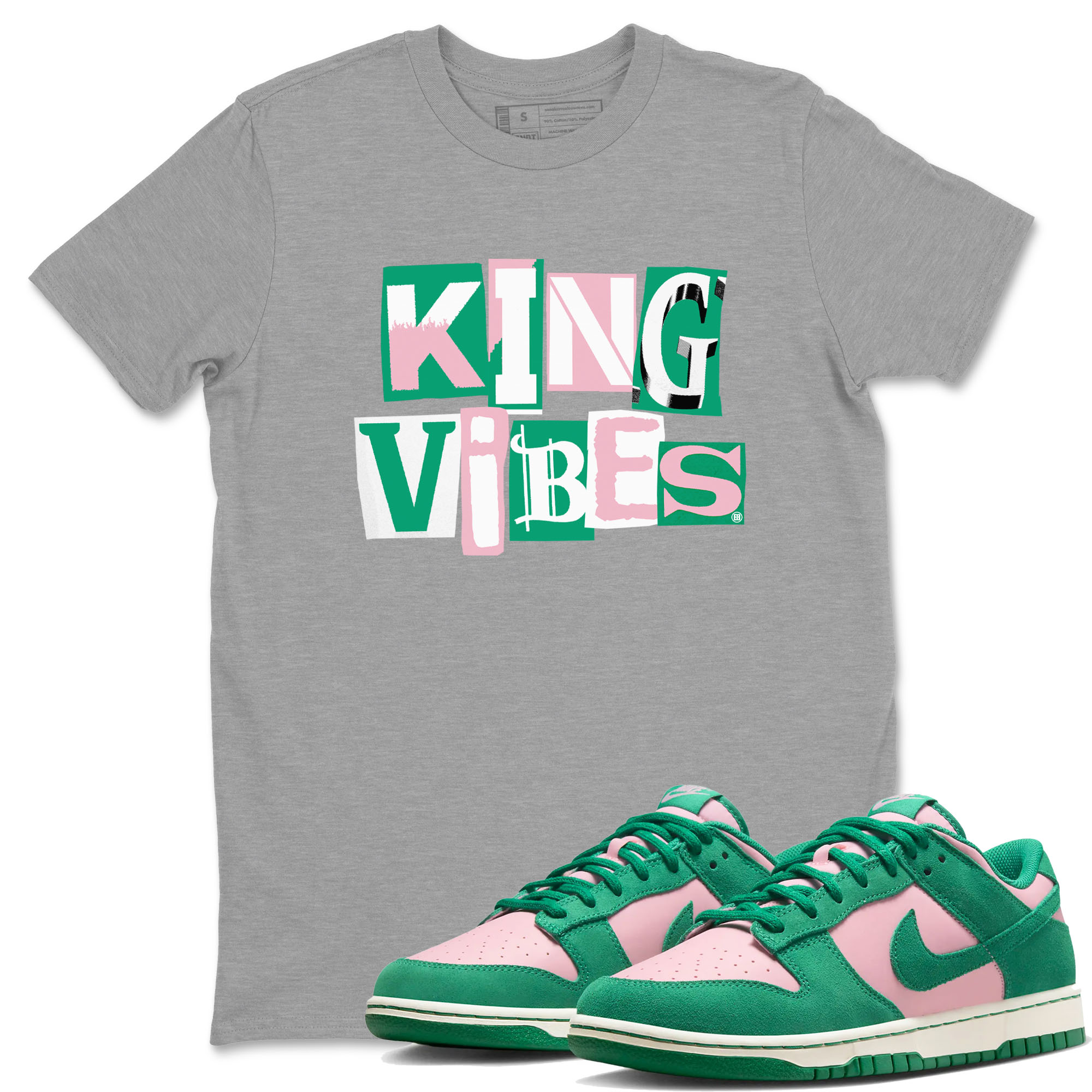 Dunk Low Medium Soft Pink Malachite shirt to match jordans King Vibes sneaker tees Dunks Medium Soft Pink Malachite Streetwear Brand SNRT Sneaker Release Tees unisex cotton Heather Grey 1 crew neck shirt