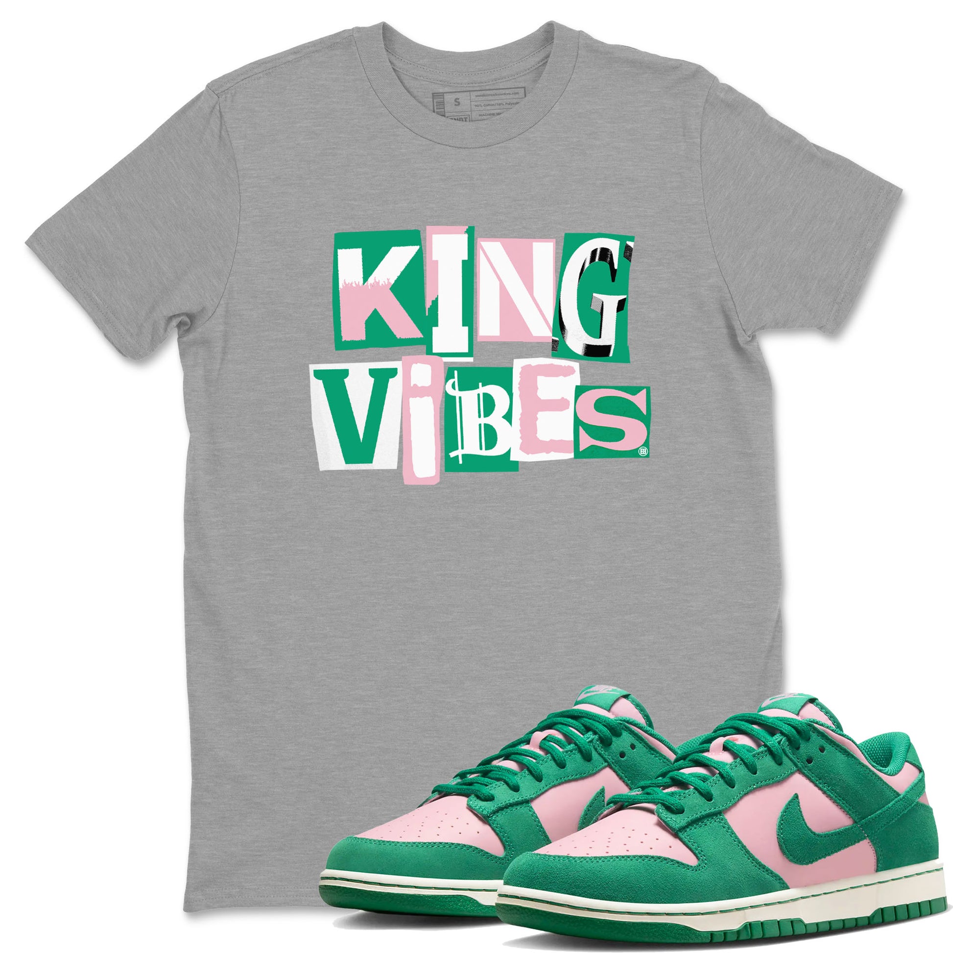 Dunk Low Medium Soft Pink Malachite shirt to match jordans King Vibes sneaker tees Dunks Medium Soft Pink Malachite Streetwear Brand SNRT Sneaker Release Tees unisex cotton Heather Grey 1 crew neck shirt