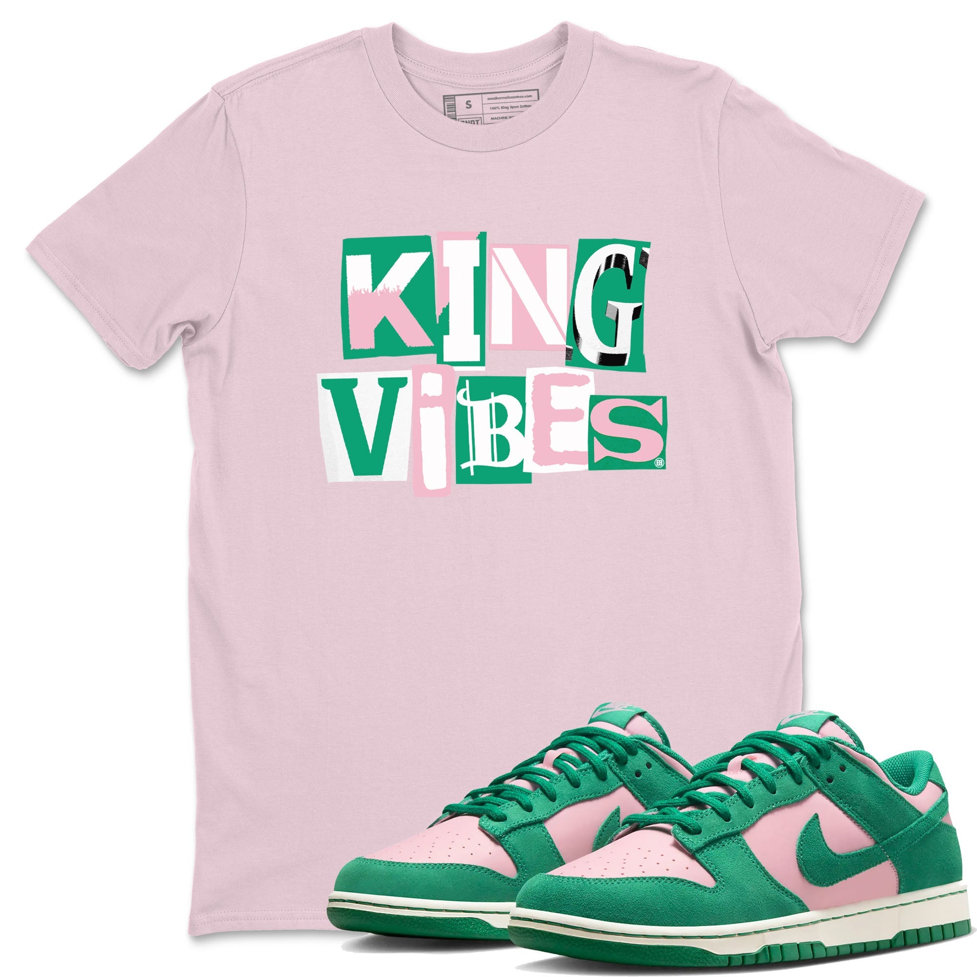 Dunk Low Medium Soft Pink Malachite shirt to match jordans King Vibes sneaker tees Dunks Medium Soft Pink Malachite Streetwear Brand SNRT Sneaker Release Tees unisex cotton Pink 1 crew neck shirt