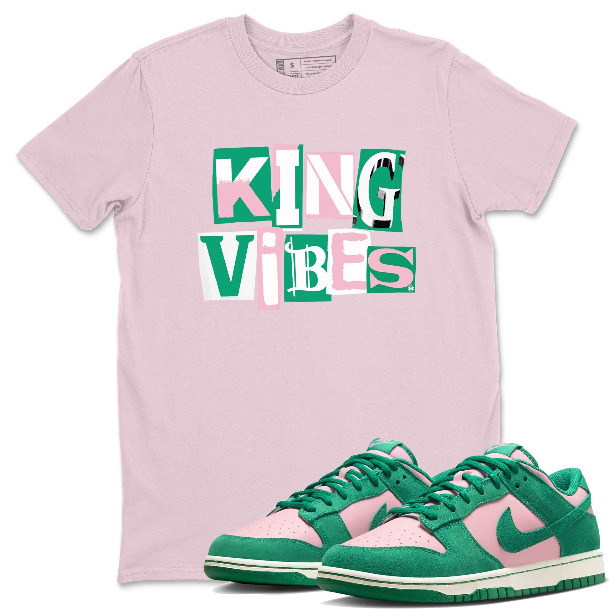 Dunk Low Medium Soft Pink Malachite shirt to match jordans King Vibes sneaker tees Dunks Medium Soft Pink Malachite Streetwear Brand SNRT Sneaker Release Tees unisex cotton Pink 1 crew neck shirt
