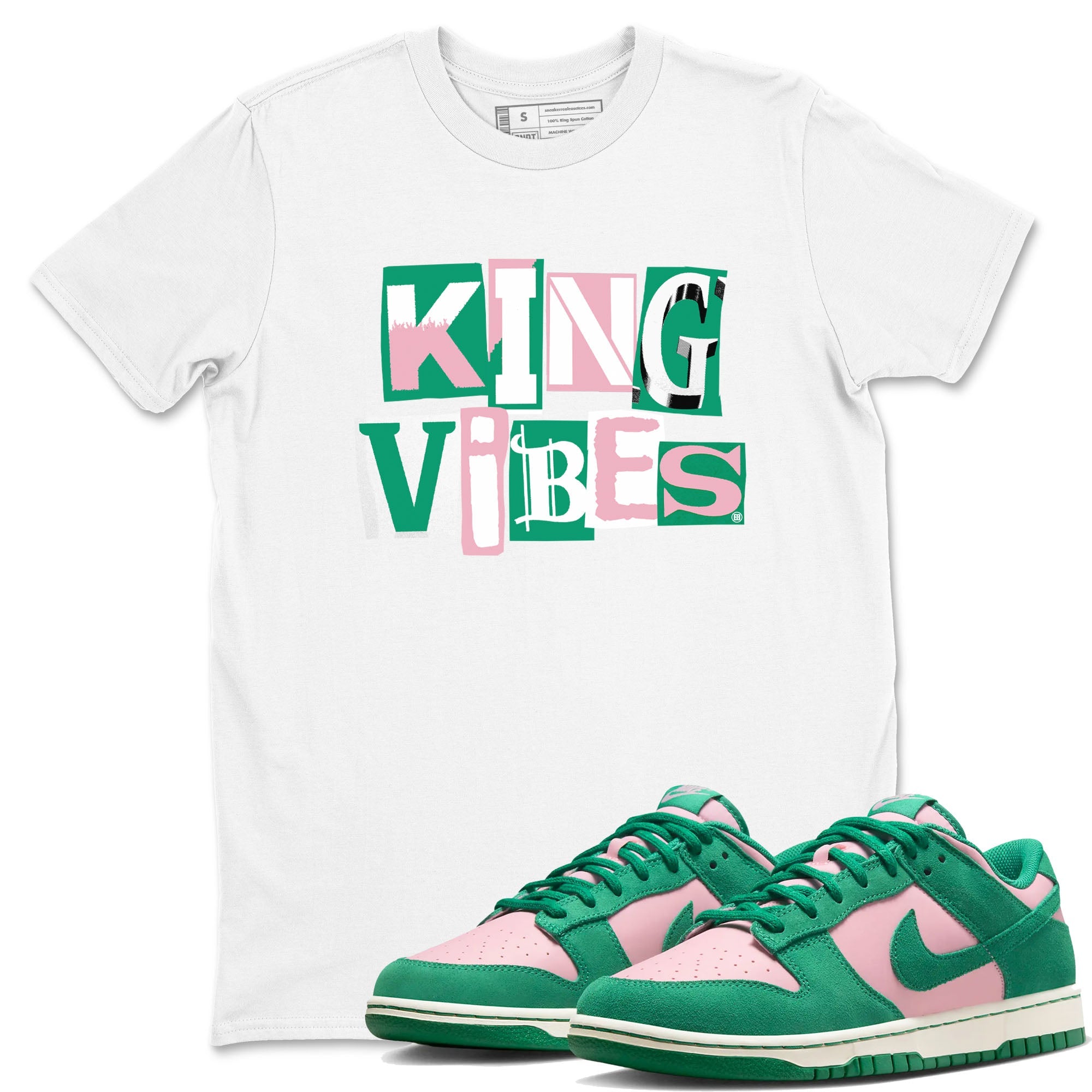 Dunk Low Medium Soft Pink Malachite shirt to match jordans King Vibes sneaker tees Dunks Medium Soft Pink Malachite Streetwear Brand SNRT Sneaker Release Tees unisex cotton White 1 crew neck shirt