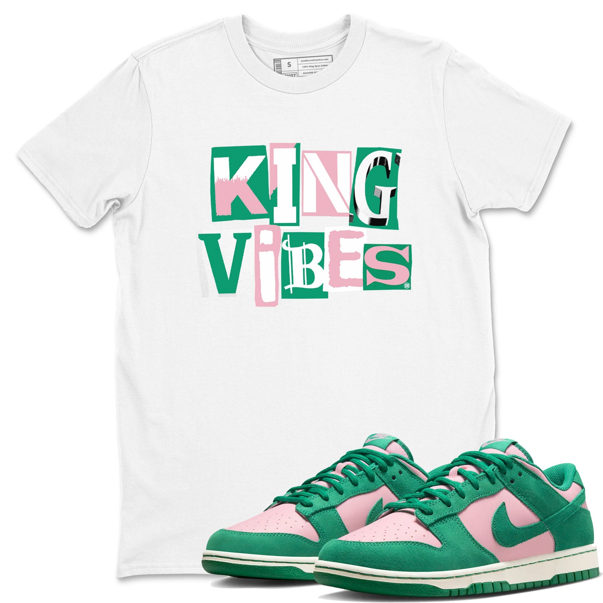 Dunk Low Medium Soft Pink Malachite shirt to match jordans King Vibes sneaker tees Dunks Medium Soft Pink Malachite Streetwear Brand SNRT Sneaker Release Tees unisex cotton White 1 crew neck shirt