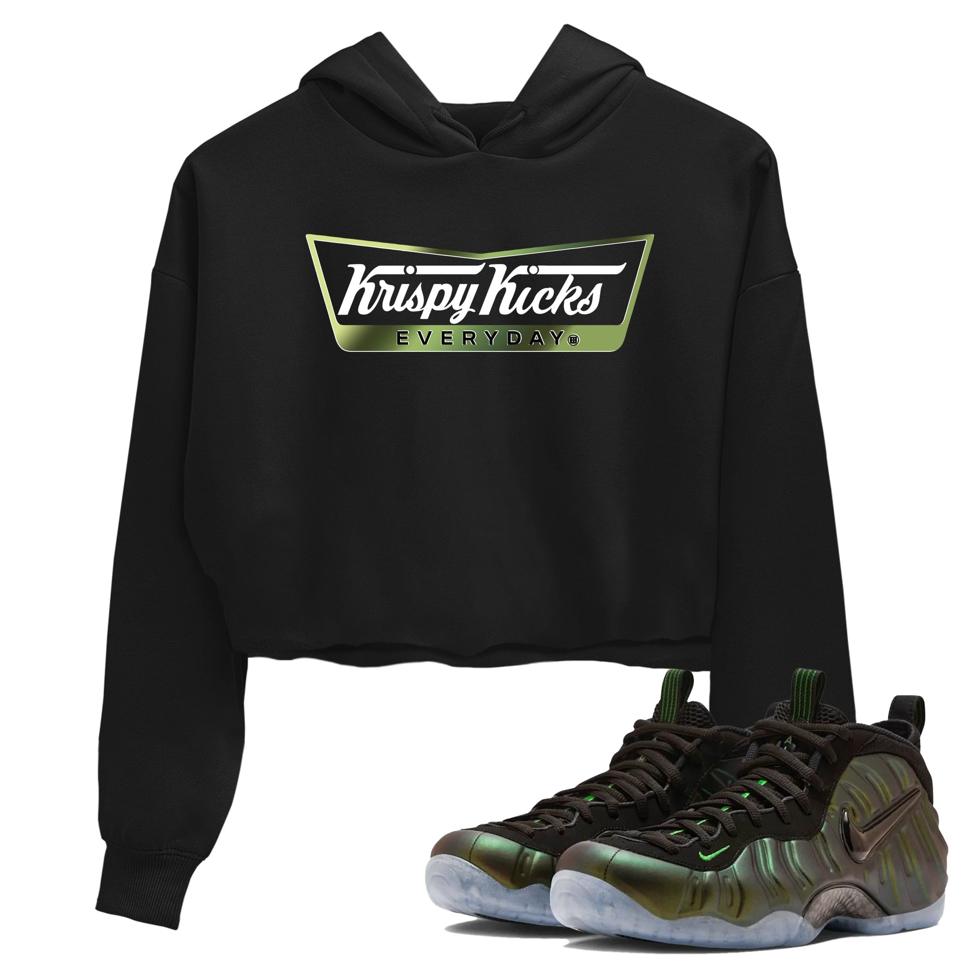 Best Christmas gifts for sneakerheads - Sneaker Tees To Match Air Foamposite One Pine Green Sneakers – Krispy Kicks Crop T-Shirt Black 1