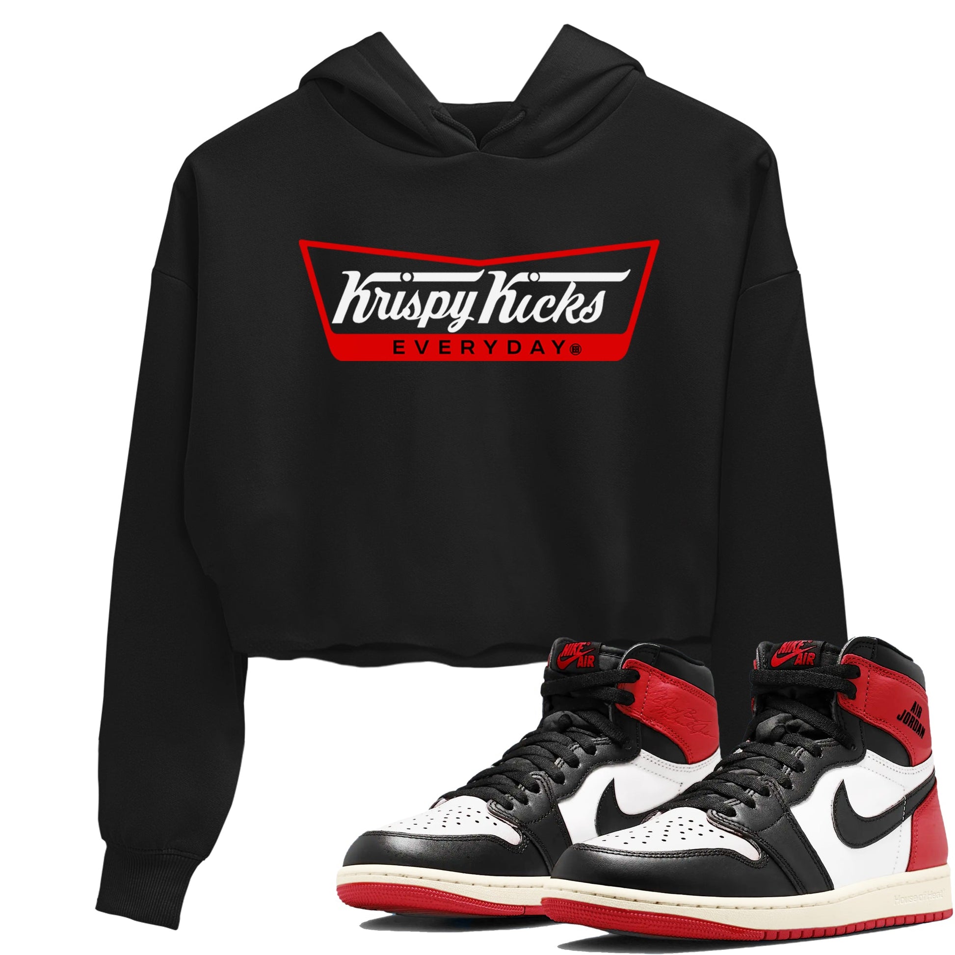1s Black Toe Reimagined shirts to match jordans Krispy Kicks sneaker match tees Air Jordan 1 Black Toe Reimagined SNRT Sneaker Tees streetwear brand Black 1 crop tee
