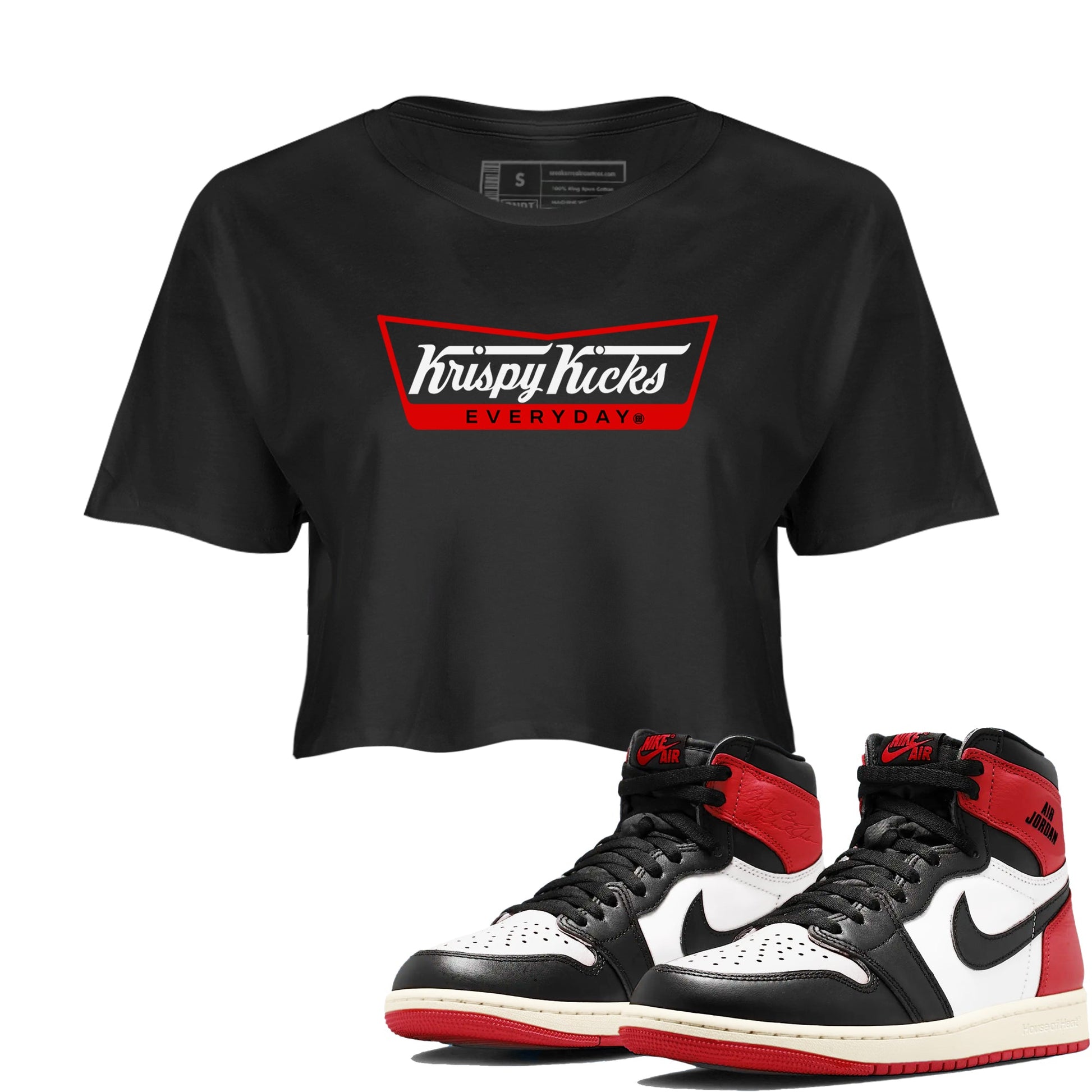 1s Black Toe Reimagined shirts to match jordans Krispy Kicks sneaker match tees Air Jordan 1 Black Toe Reimagined SNRT Sneaker Tees streetwear brand Black 1 crop tee