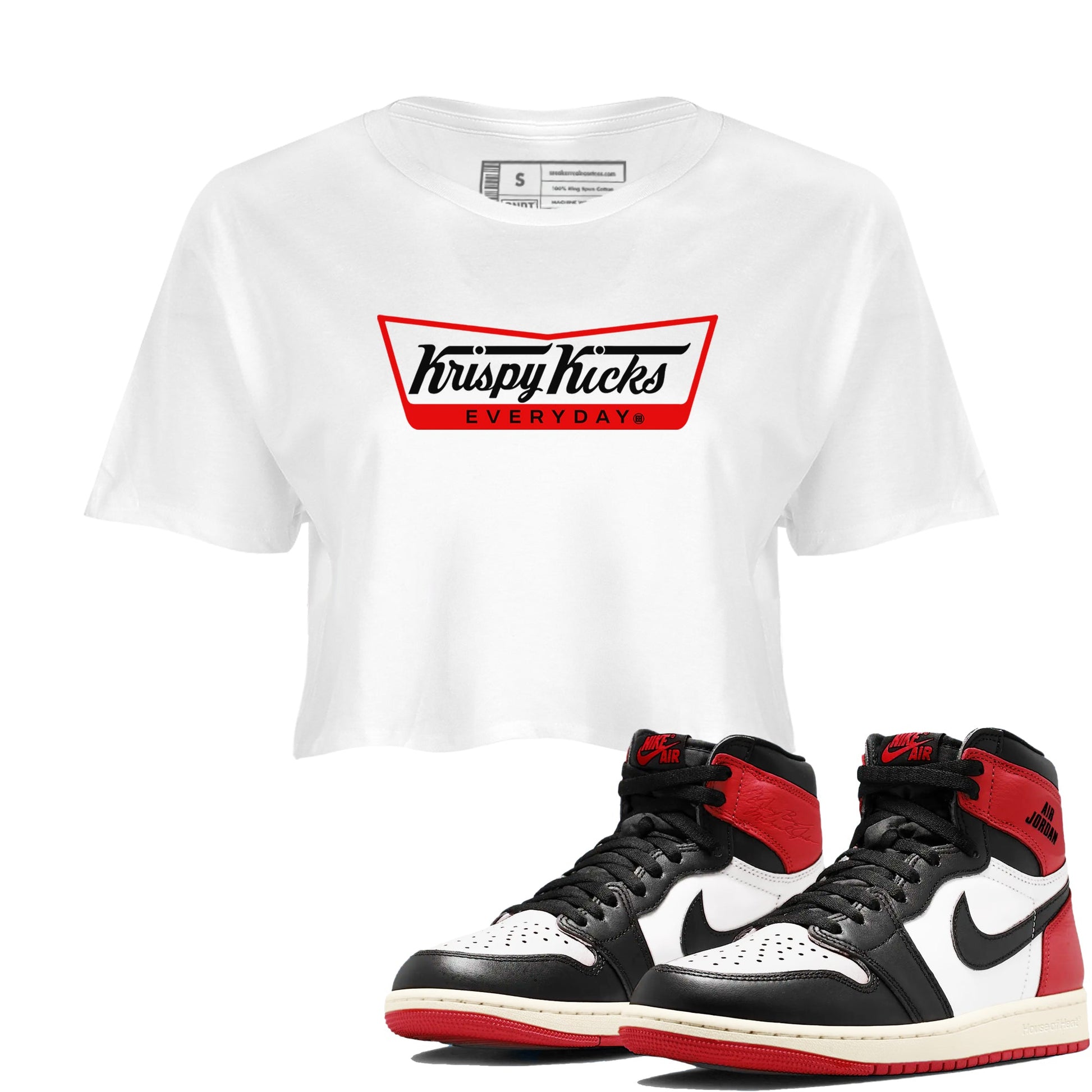 1s Black Toe Reimagined shirts to match jordans Krispy Kicks sneaker match tees Air Jordan 1 Black Toe Reimagined SNRT Sneaker Tees streetwear brand White 1 crop tee