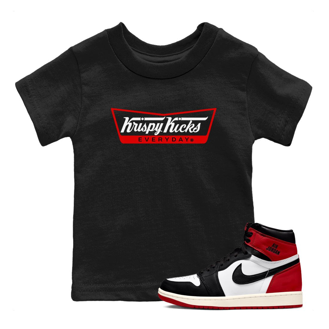 1s Black Toe Reimagined shirts to match jordans Krispy Kicks sneaker match tees Air Jordan 1 Black Toe Reimagined SNRT Sneaker Tees streetwear brand Baby and Youth Black 1 cotton tee