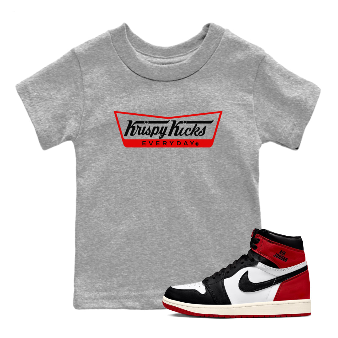 1s Black Toe Reimagined shirts to match jordans Krispy Kicks sneaker match tees Air Jordan 1 Black Toe Reimagined SNRT Sneaker Tees streetwear brand Baby and Youth Heather Grey 1 cotton tee